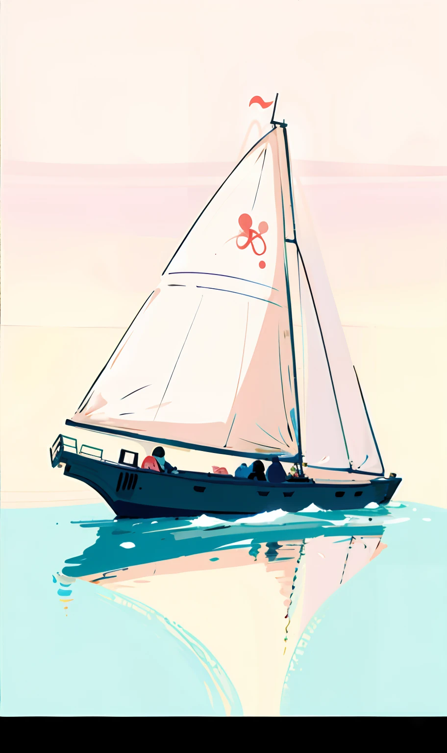 an enchanting illustration of a girl gracefully sailing on a tranquil lake. The scene should be bathed in the soft light of early morning or late afternoon. Depict the girl as she controls the sailboat with confidence, and let the surroundings reflect the serenity of the moment. The style of the artwork should be lo-fi, with a flat and cute design, resembling digital illustration. This illustration should capture the beauty and calm of the lakeside environment while maintaining a simple and clean hand-painted cartoon art style