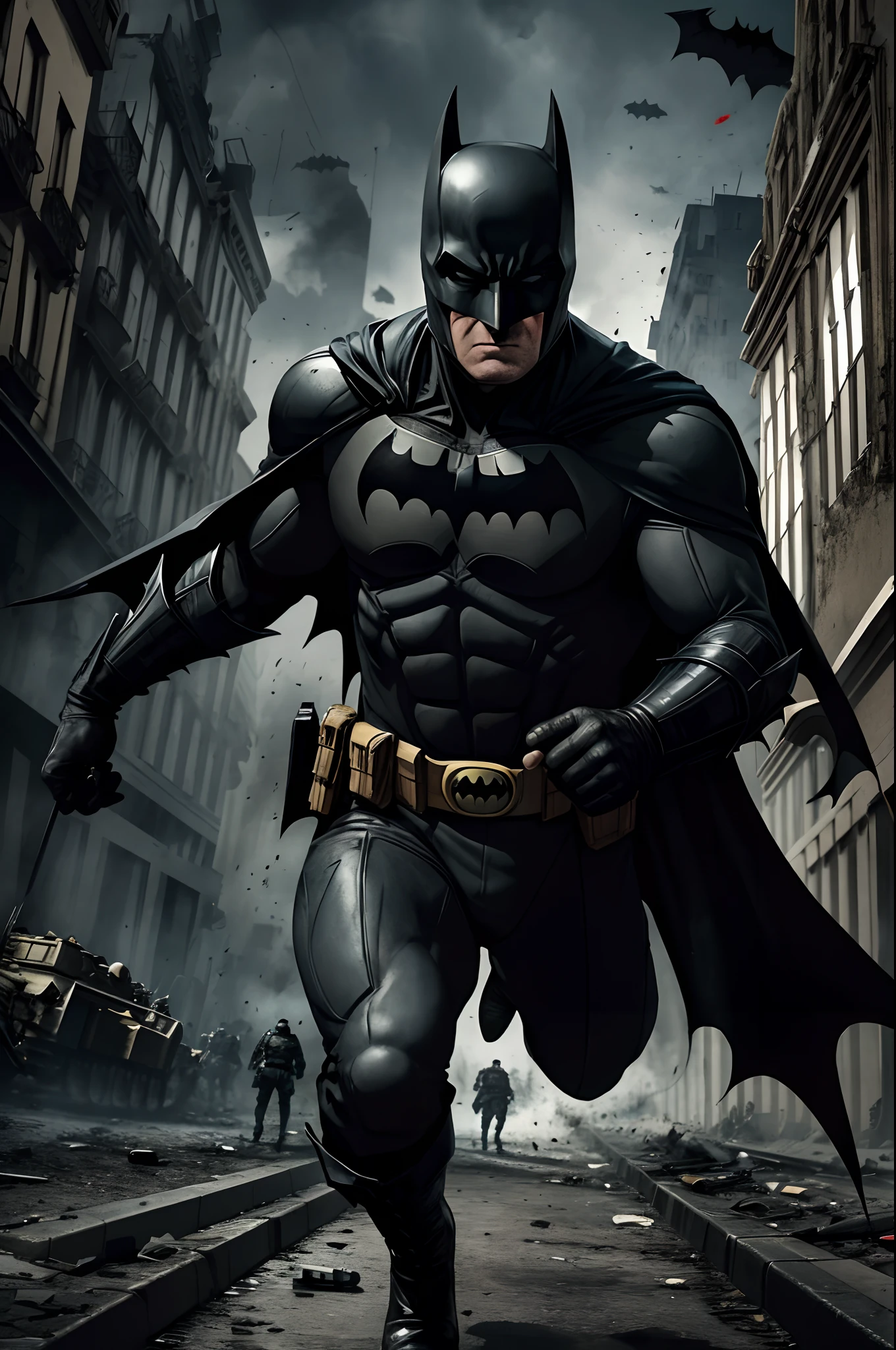 BATMAN enfrenta Hitler "German General of the First World War" que levanta-se dos mortos para destrir Gotham , Bombas dropped from planes destroy the streets of Gotham, The streets are littered with blood and human dead in pieces on the floor and in the windows, BATMAN rushes to help the survivors before Hitler stops him again