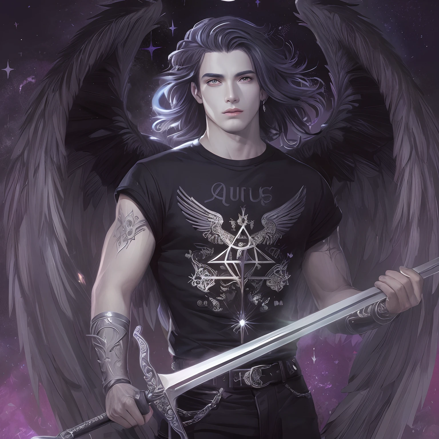 um close up de um homem segurando uma espada com asas, Lucifer's, a Estrela, arcanjo, Jovem Anjo Wan, Arcanjo Miguel, Anjo majestoso de corpo inteiro, Directed by: Anne Stokes, black wings instead of arms, Lucifer's, sem texto, Serafim, inspirado em Jorge Jacinto, Inspirado em Kris de Deltarrune, No estilo de Anne Stokes