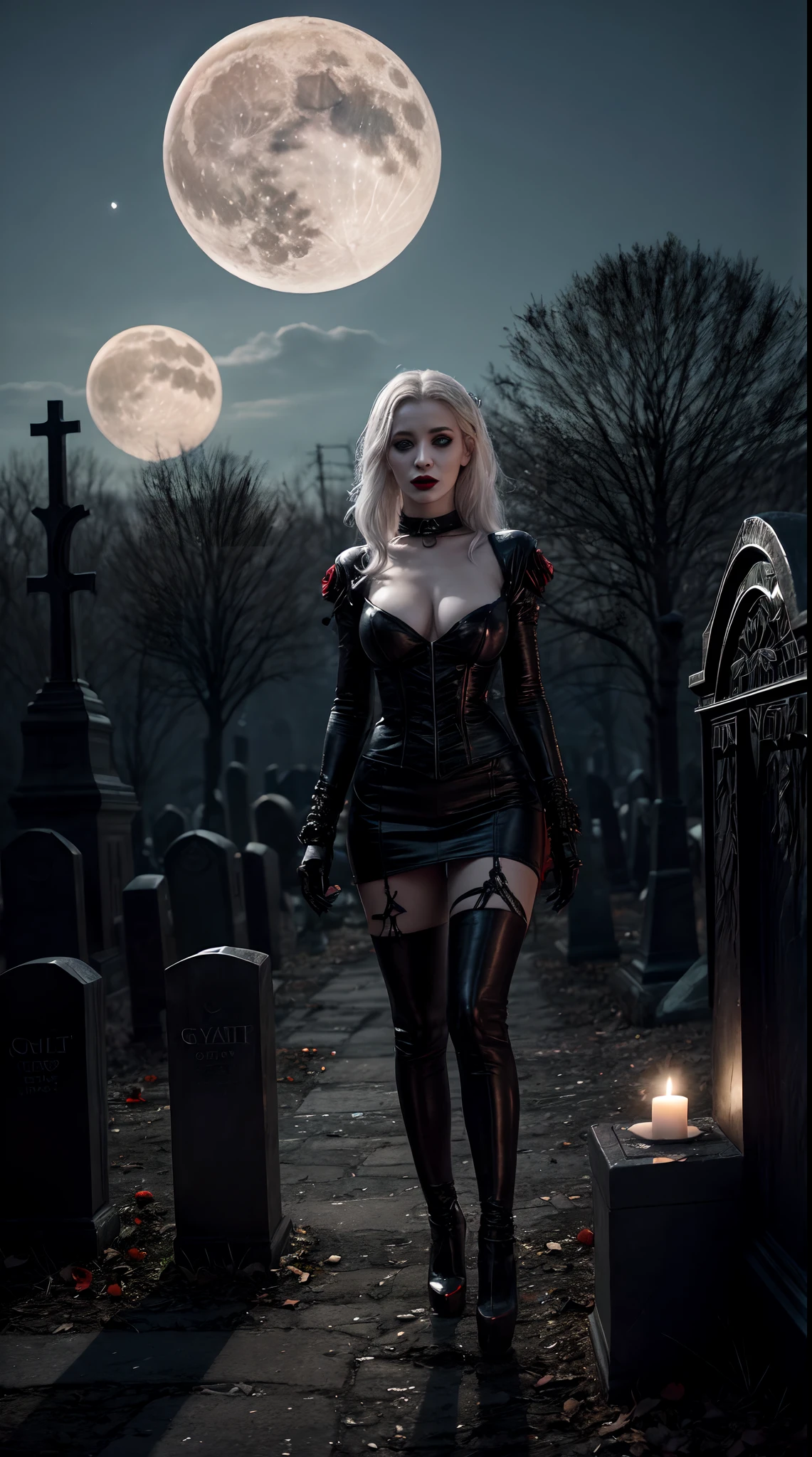 Daniel walking around graveyard in night. White hair,red lipstick, goth makeup, gothic outfit, massive perfect breast,red rose, spooky scary skeletons,moon,, candles, ultra realistic detailed ray tracing cinematic, sharp, goth, nightmare, dark graveyard