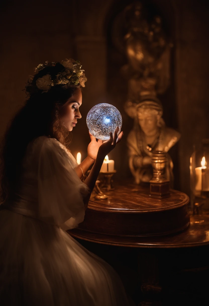 uma senhora idosa, holds a crystal ball with a look of deep concentration and curiosity on his face. A luz do sol que entra pela janela ilumina a sala, Creating magical reflections on the surface of the transparent sphere. The lady's wrinkled hands gently touch the crystal ball, e dentro dela, Ethereal and mysterious visions unfold, revelando segredos do passado e do futuro. Her expression conveys a sense of wisdom and wonder as she connects with the mystery contained within the sphere." foto frontal