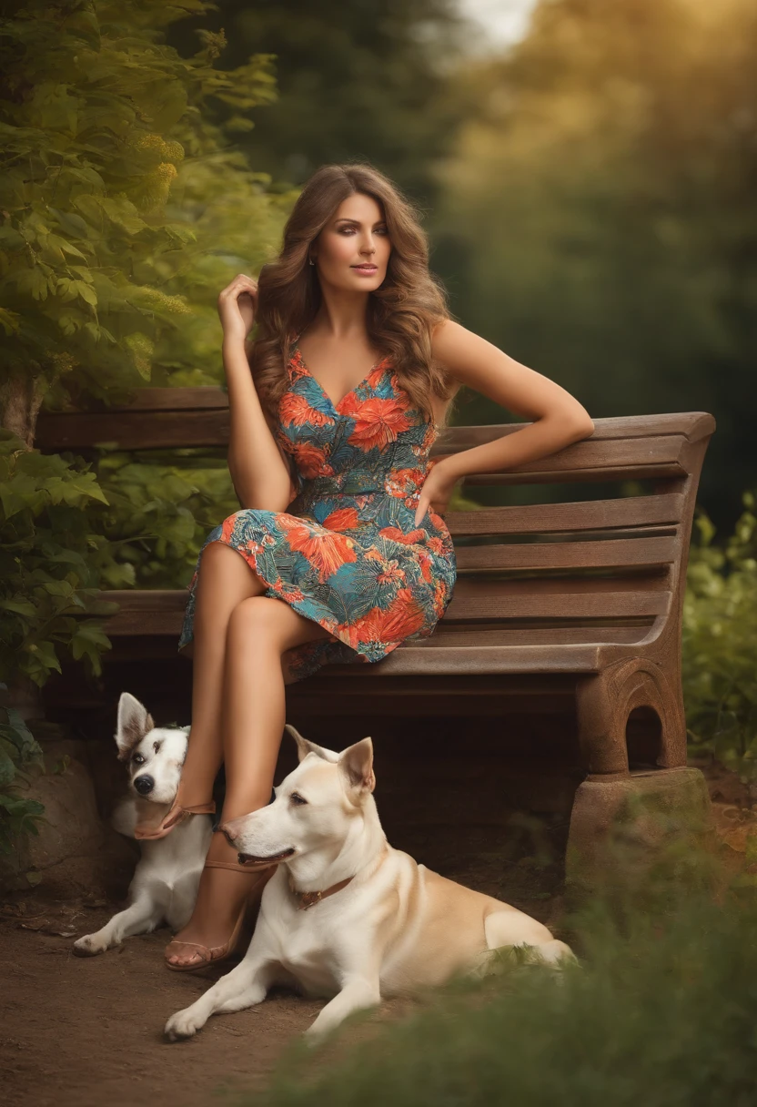 best quality, a woman sat in a bench , summer_dress, dogs printed in the dress