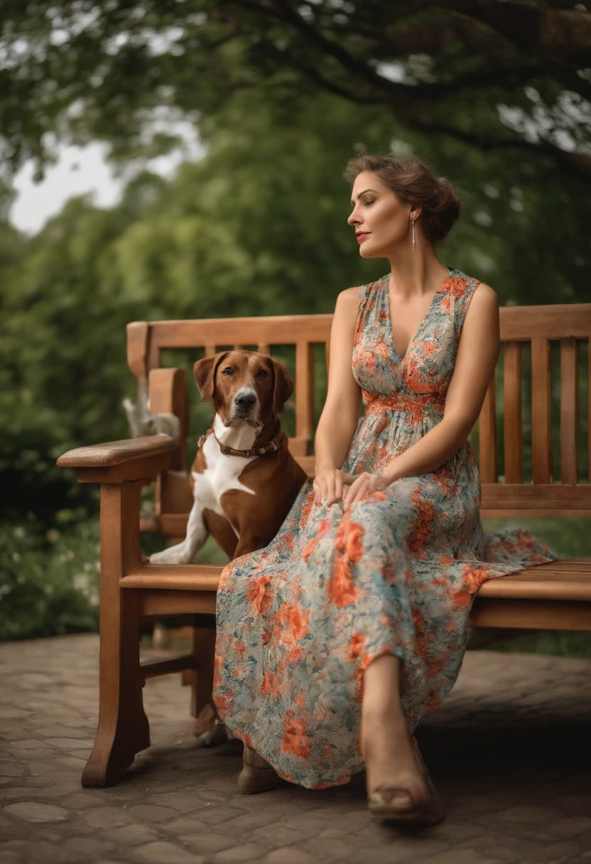 best quality, a woman sat in a bench , summer_dress, dogs printed in the dress