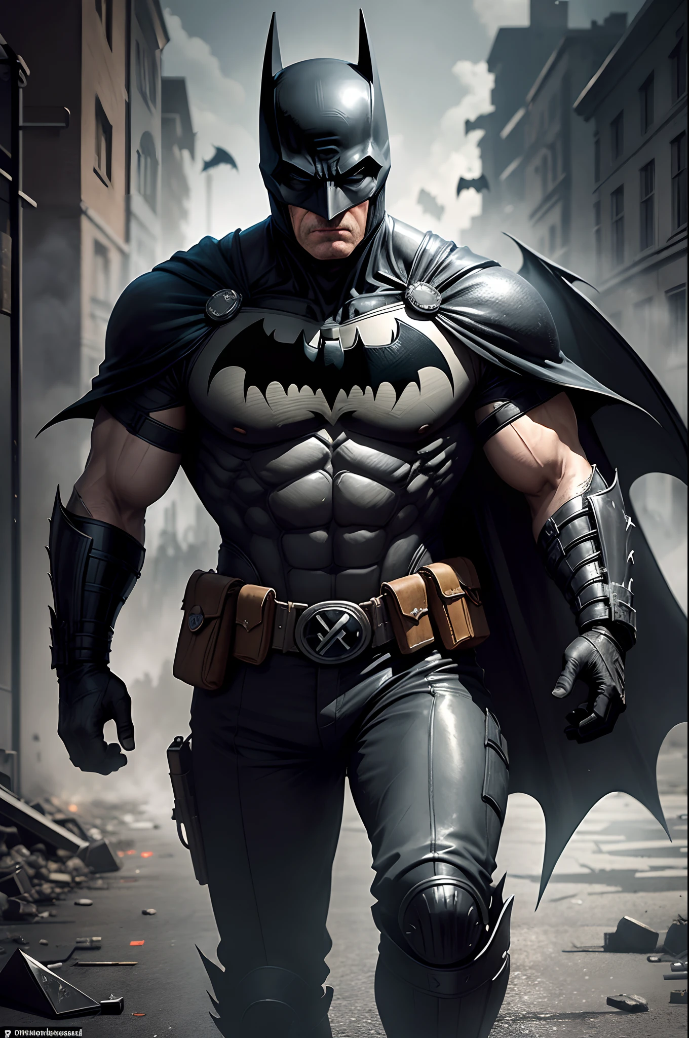 BATMAN enfrenta Hitler "German General of the First World War" que levanta-se dos mortos para destrir Gotham , Bombas dropped from planes destroy the streets of Gotham, The streets are littered with blood and human dead in pieces on the floor and in the windows, BATMAN rushes to help the survivors before Hitler stops him again --auto