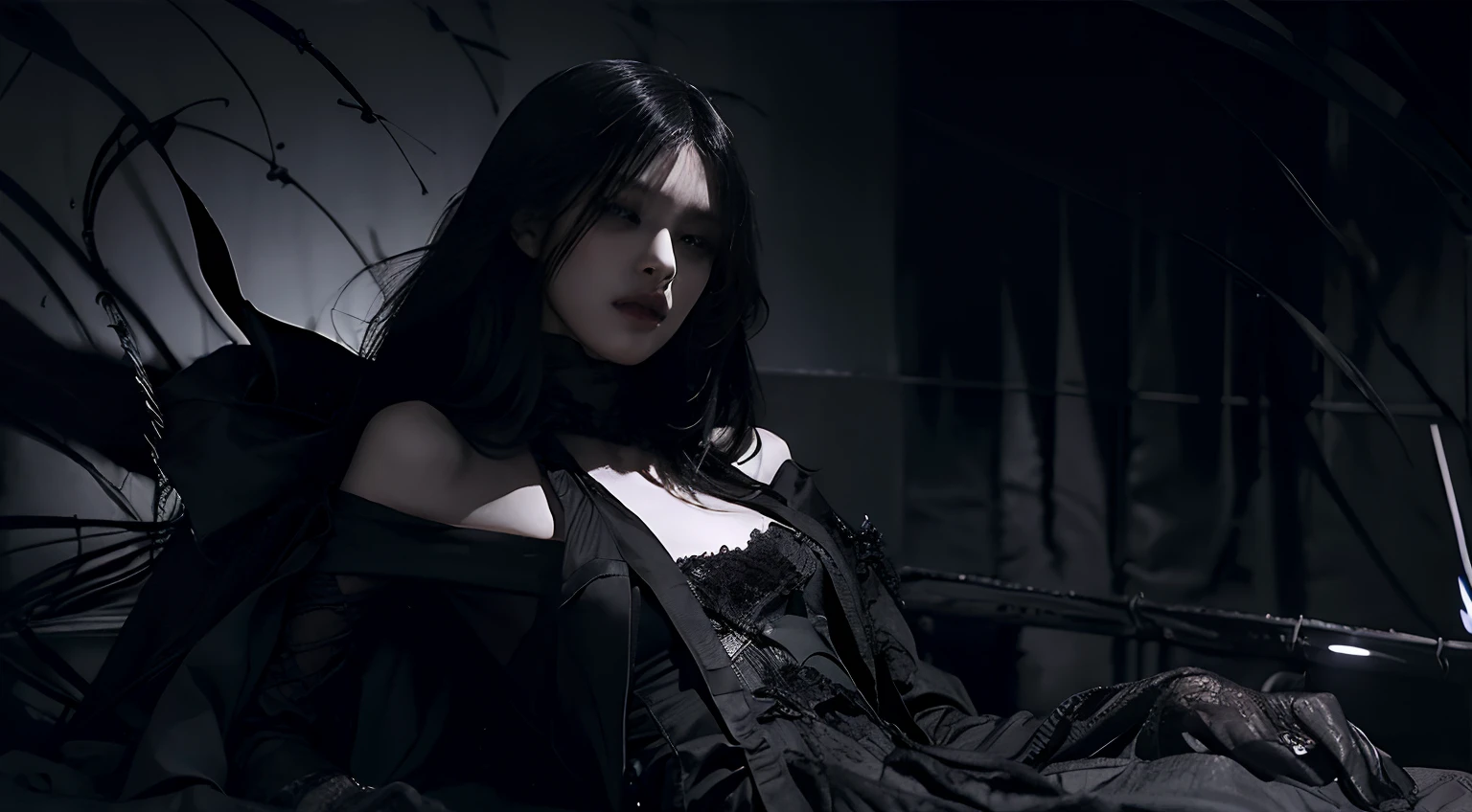(best quality, highres:1.2), realistic, black dress, black hair, dark theme, black background, dark ninja, intense gaze, elegant posture, flowing dress, detailed facial features, long eyelashes, contrast, fine details, dramatic atmosphere, gothic style, intense emotions, monochrome color palette, captivating setting, haunting beauty, artistic photography, everything is black