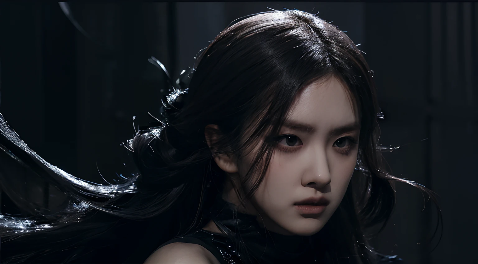 (best quality, highres:1.2), realistic, black dress, black hair, dark theme, black background, dark ninja, intense gaze, elegant posture, flowing dress, detailed facial features, long eyelashes, contrast, fine details, dramatic atmosphere, gothic style, intense emotions, monochrome color palette, captivating setting, haunting beauty, artistic photography, everything is black