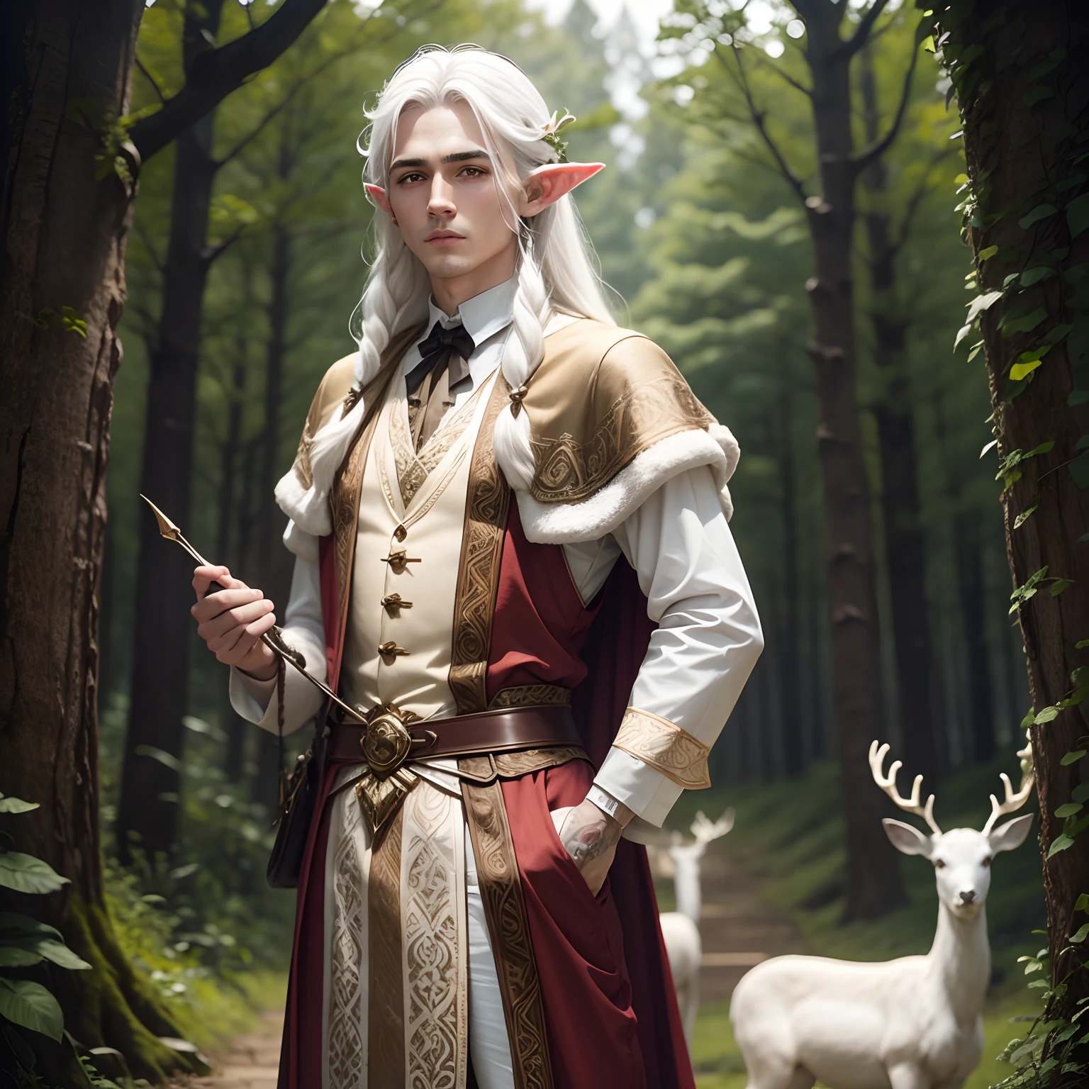 Man in elven outfit standing next to white deer