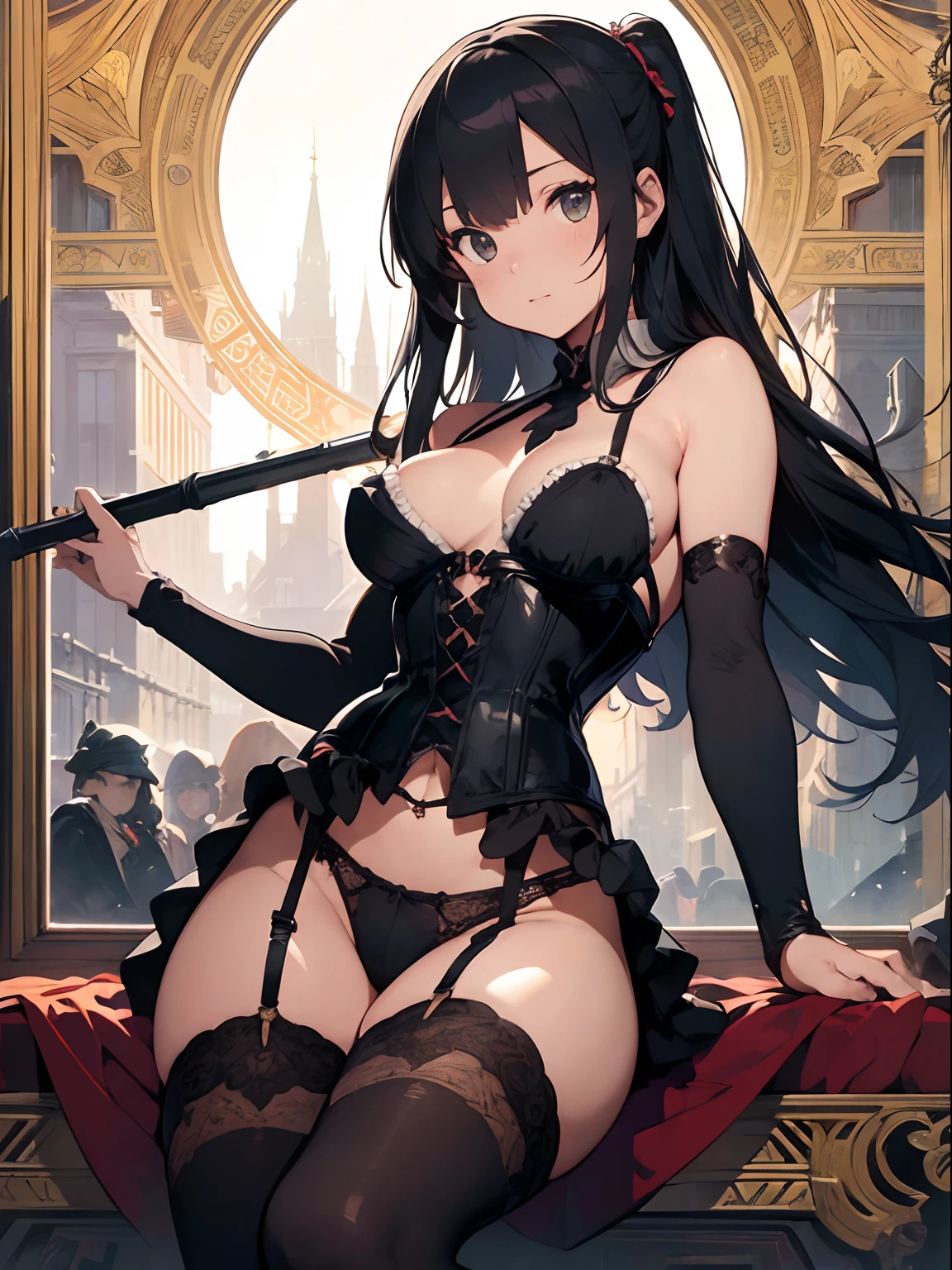 ultra-quality, ultla highres, Hyper Detailed, High contrast, superfine illustration, creative refinement, Black corset, Black garter belt, Pole dancing, Laziness Tarot Cards, Alphonse Mucha style