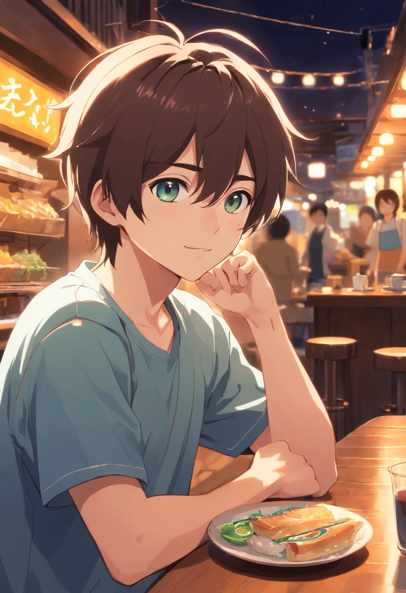 1child, Handsome 18-year-old man, ojos cafe oscuro, pelo negro con rulos largos, estatura baja, ojos detallados, thin eyelid, sonrisa timida, piel blanca