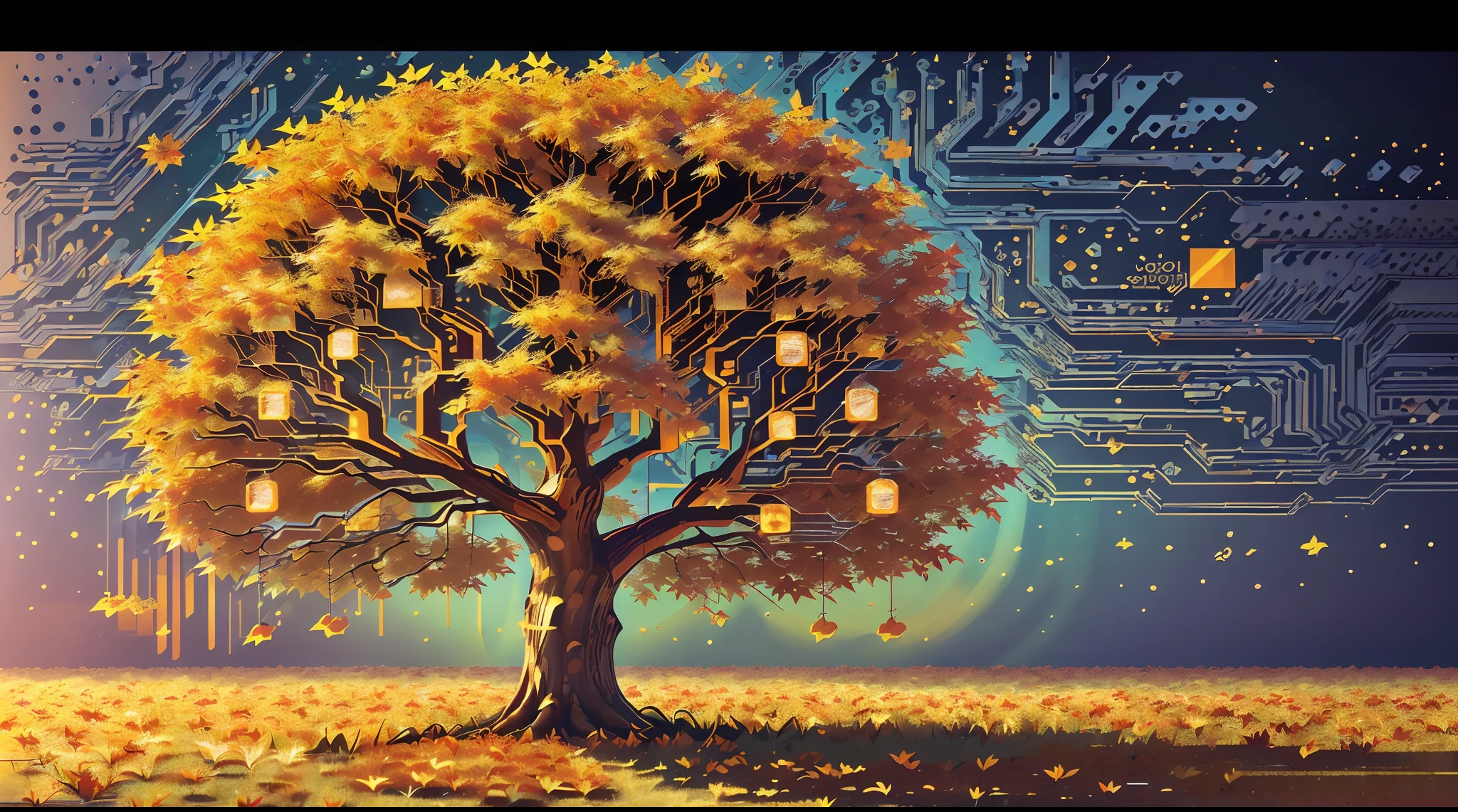 Dynamic HiFi pixel art (entitled "Maple Leaf"), Data Tree, (/data structure)/, organic data-space, minimal, beautifully detailed, understated aesthetic, slightly psychedelic, sacred (supersymmetry), visionary (optical illusion), visually appealing matte glitch art , deep roots, fuzzy-logic, (aesthetic beauty), intentional cohesion, (stylized and well-balanced geometric design: 1.2), cerebral coherence, lavish, vibrant, vivid, (regenerative), beautifully colored, CircuitBoardAI, flowervirus, concept: (("A vivacious maple tree that showcases a perfect blend of nature and technology, in a flourish of falling maple leaves. The tree should have an organic, natural appearance with vivid autumn colors and a lush canopy. Within the leaves and branches, intricate circuitry and designs should be incorporated, resembling advanced technology with data flow and information. The maple tree should evoke a sense of wisdom, knowledge, and ancient secrets, as if it holds the memories and understanding of the world throughout the ages. Focus on the symbol of the Maple Leaf."))