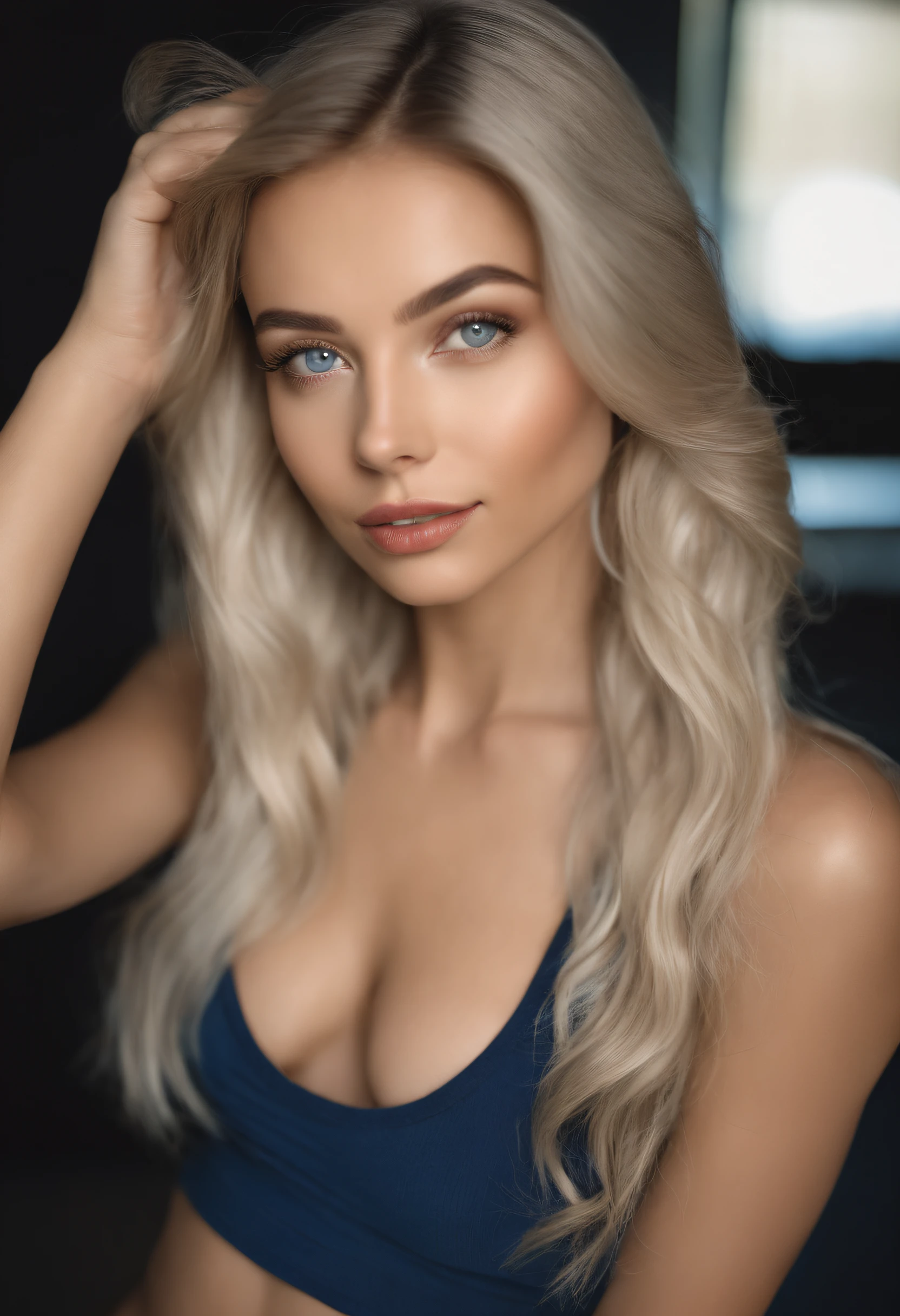 Woman with matching tank top and panties, Sexy girl with blue eyes, portrait sophie mudd, portrait corinna kopf, blonde hair and large eyes, Selfie einer jungen Frau, Augen im club Violet Myers, ohne Make-up, Natural makeup, Blick direkt in die Kamera, Gesicht mit Artgram, dezentes Make-up, Stunning full body shot, im Schlafzimmer, Spaltung
