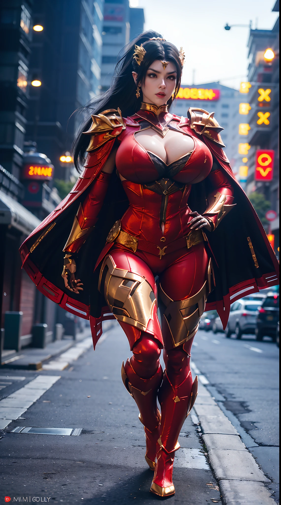 1GIRL, SOLO, (DRAGON QUEEN HELM, PONYTAIL), (HUGE FAKE BOOBS:1.3), (RED, GOLD), (STREET CITY BACKGROUND), (FUTURISTIC ICE PHOENIX MECHA BODYSUIT, ROYAL CAPE, CLEAVAGE:1.2), (SKINTIGHT YOGA HOTPANTS, HIGH HEELS:1.2), (PERFECT BODY, FULL BODY VIEW:1.5), (LOOKING AT VIEWER), (WALKING DOWN:1.2), MUSCLE ABS:1.3, ULTRA HIGHT DEFINITION, 8K, 1080P.