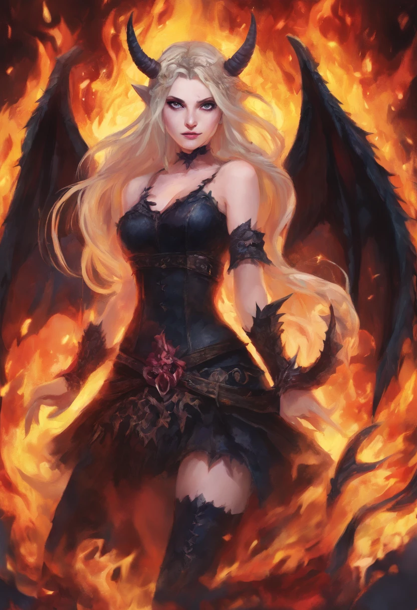 female teenage demon with blonde hair, blue eyes, black wings, tail and horns, punk-rock outfit, fire background, evil facial expression, realistic