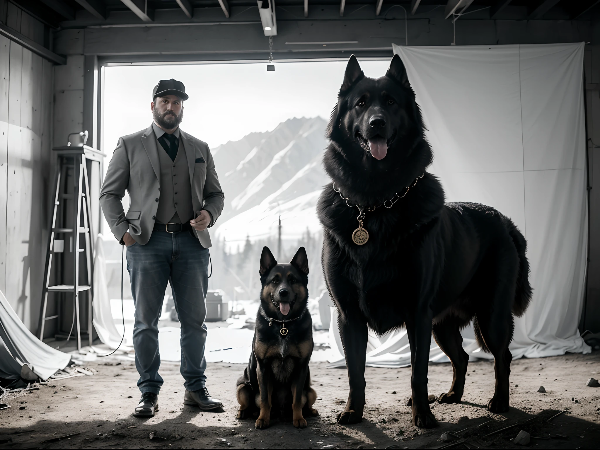(1 huge dog), German Shepard, dog's height 200cm , standing next to (1 man), (the dog is bigger and larger than the man:1.2), the man is 1873 west coast gold miner, background is outside the mine , photo was taken at 1873, Hasselblad, 50mm