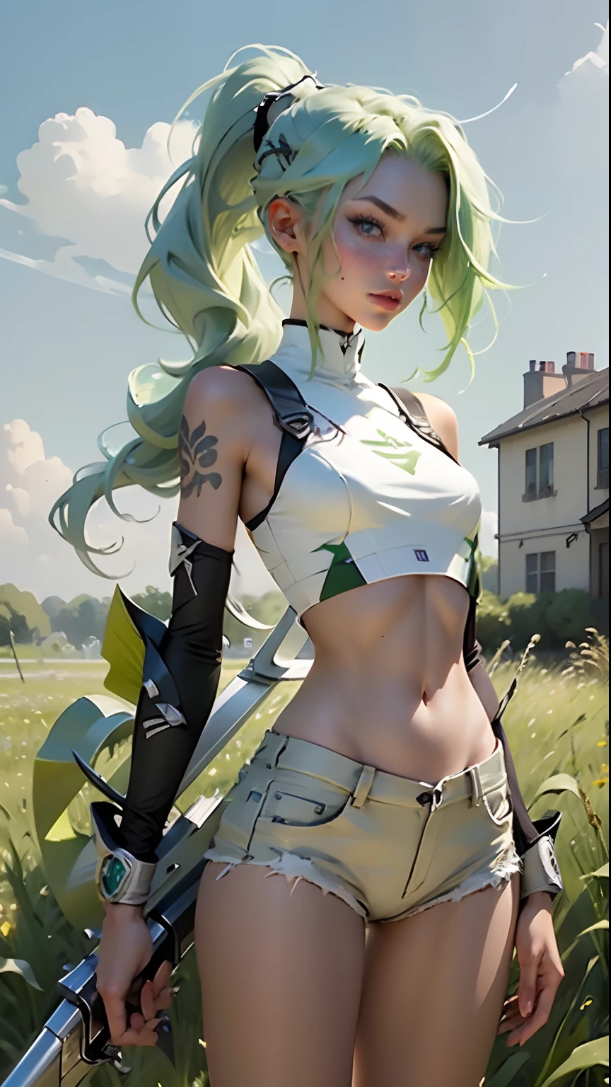 Reimagine the iconic Pokemon scyther as a 25 years old beautiful female,  picture her in a sunny weather on an open field,  green hair,  detailed,  masterpiece,  illustration,  trending,  concept art,  redesigned scyther clothes as a woman, green scyther edesigned clothes, , two scythe in hand, beautiful fiar skin