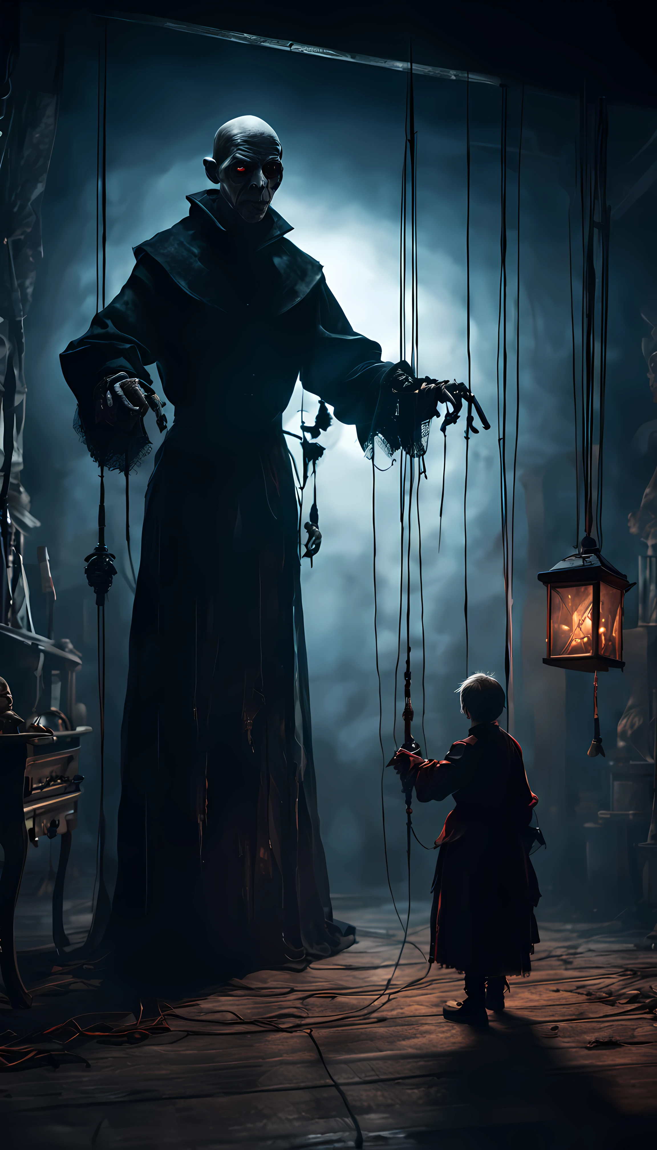 Craft an image of a puppetmaster whose creations have come to life, their strings controlled by a sinister figure lurking in the shadows, pulling the strings of fate, ultra wide shot, fantasy horror art, photorealistic dark concept art, in style of dark fantasy art, detailed 4k horror artwork, stefan koidl inspired, ((stefan koidl))