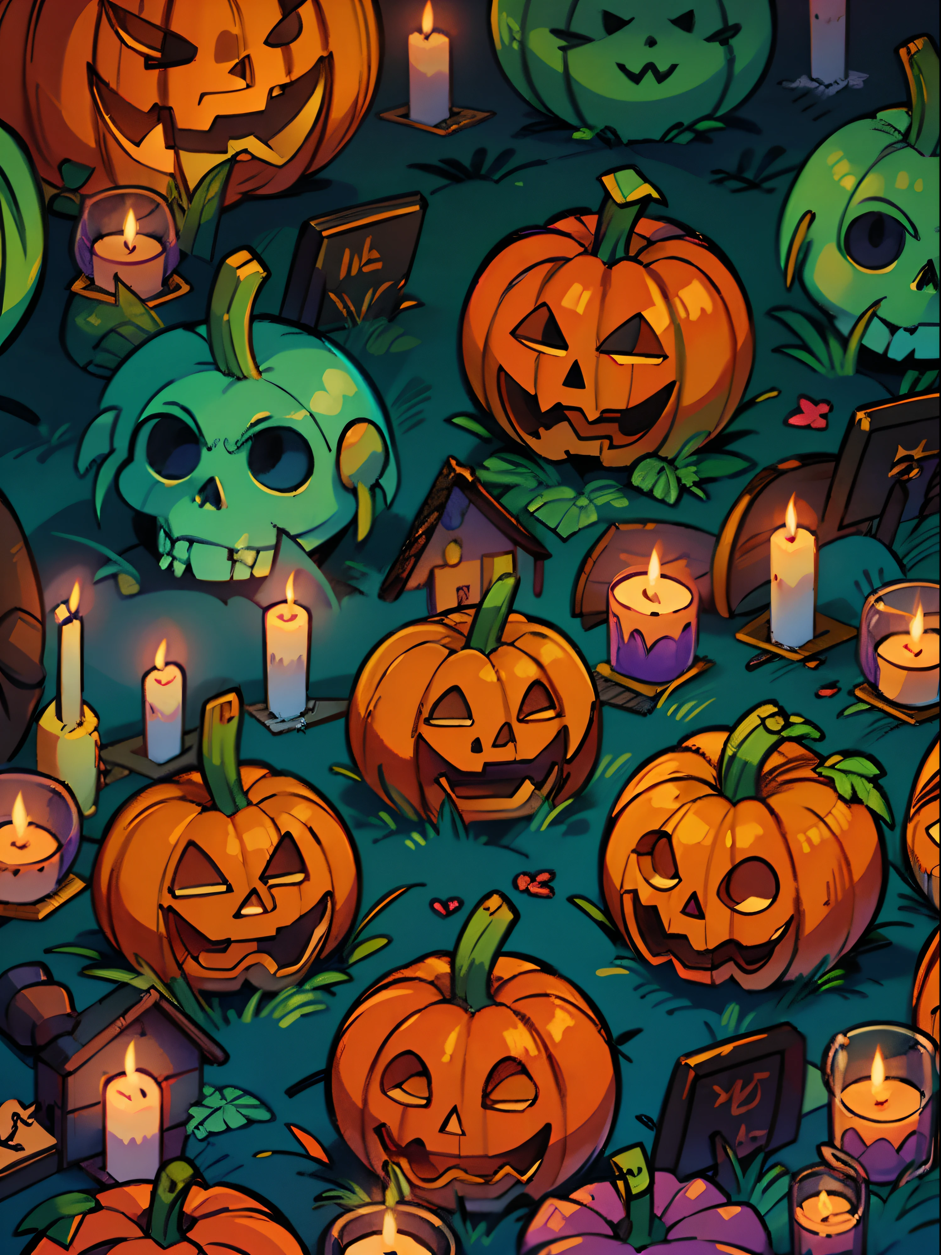 jack-o'-lantern glowing, halloween texture, pattern, pumpkins, skulls, candles, (orange, purple, black)
