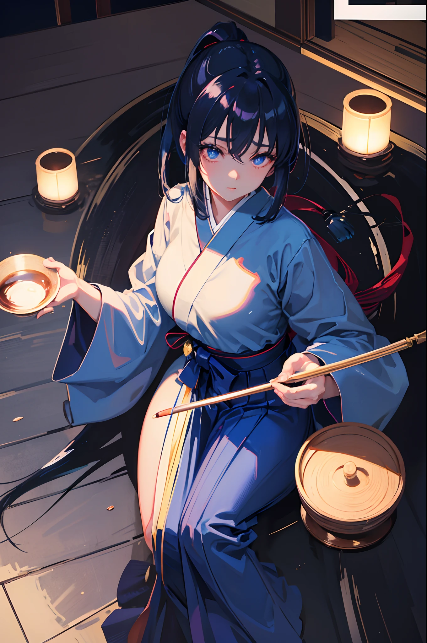 A dark-haired blue eyess length hair s girl Hakama poneyTail Drinking tea at the Japan's house masterpiece Top image quality Clear anime colours cinematic shadow Increased attractiveness of the eyes Clear the shine of the eyes Draw eyelashes neatly Perfect Eye A detailed eye Sharpen image quality Sharpen eye writing Clear eye shape