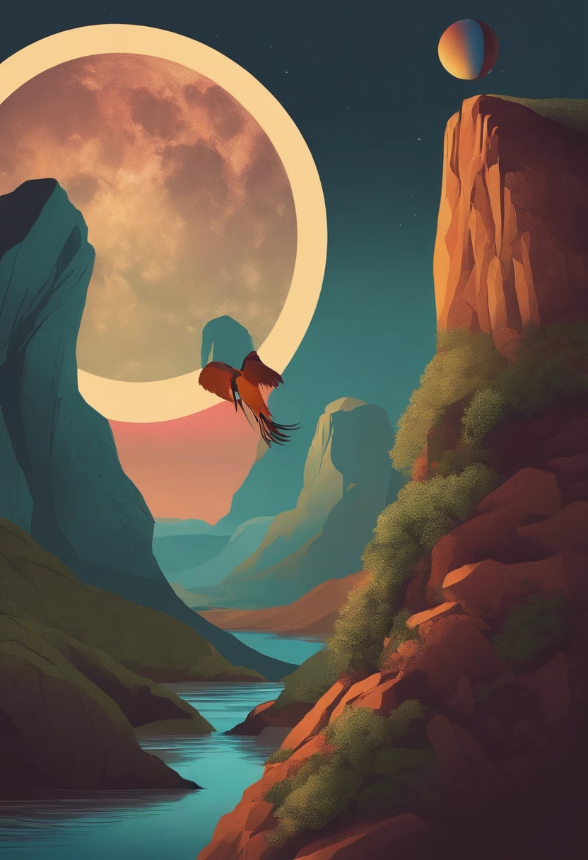 Desenhe um personagem jovem e aventureiro, Dressed in colorful and eccentric shape. He's about to take an impulsive leap off a cliff, olhando para frente com olhos cheios de entusiasmo e curiosidade. Ao redor dele, crie uma paisagem selvagem e vibrante, com montanhas, rios e florestas. Add animals like birds, borboletas e um cachorro fiel seguindo seus passos. Essa imagem representa a liberdade, The search for new experiences and trust in the universe.