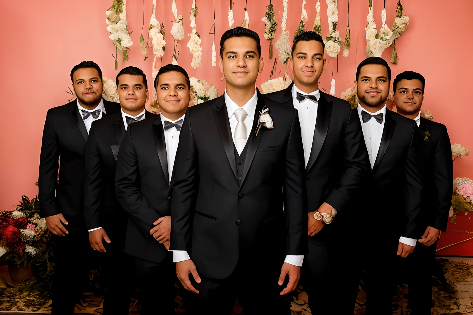 Bride and groom posing for a photo in front of a floral backdrop, noivo, homens em smokings, Directed by: Nandor Soldier, foto do casamento, traje formal, david rios ferreira, imagem de perfil, fundo transparente, Alex Flores, Asher Duran, usando um smoking, Paulo Pepera Pablo Roldan, pano de fundo, Alex Miranda