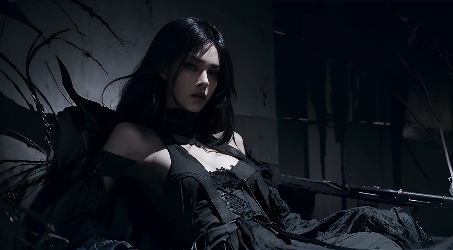 (best quality, highres:1.2), realistic, black dress, black hair, dark theme, black background, dark ninja, intense gaze, elegant posture, flowing dress, detailed facial features, long eyelashes, contrast, fine details, dramatic atmosphere, gothic style, intense emotions, monochrome color palette, captivating setting, haunting beauty, artistic photography, everything is black