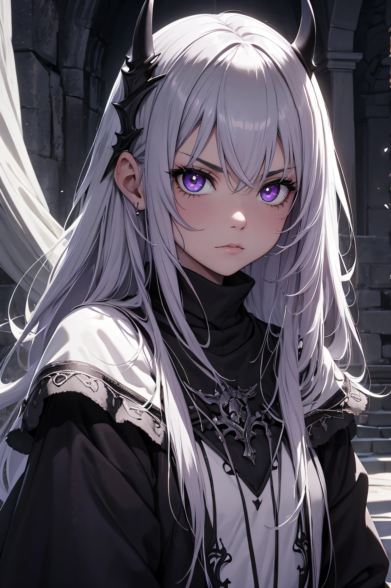 cerrar, fantasy world, nieve, paredes de ladrillo de piedra, Casas medievales, hielo, demonio, humanoide, cuernos negros, Su piel es de un color gris, color de piel gris, purple pupils on black sclera, cabello negro desordenado, angry expression, Furioso, vistiendo solo una capa, Muslos, Tatuajes rojos, Tatuajes de cara roja