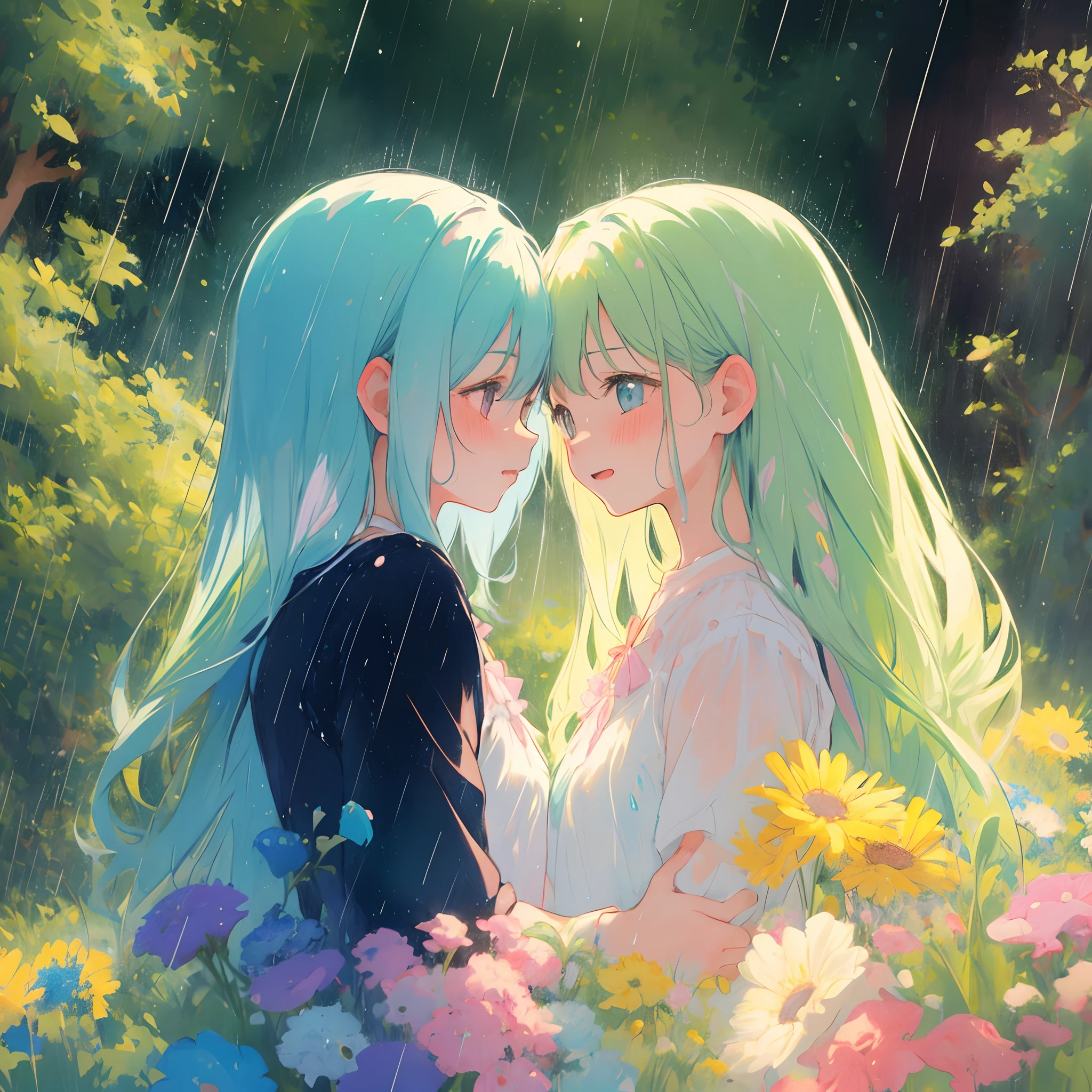 2girls hugging looking at each other, serendipity, extremely detailed faces, masterpiece, perfect illumination, (raining), (rain), (pastel colors), (muted colors)