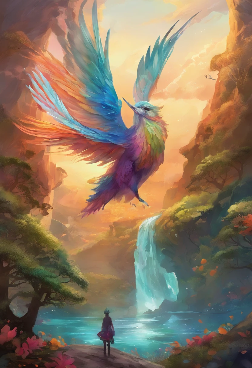Desenhe um personagem jovem e aventureiro, Dressed in colorful and eccentric shape. He's about to take an impulsive leap off a cliff, olhando para frente com olhos cheios de entusiasmo e curiosidade. Ao redor dele, crie uma paisagem selvagem e vibrante, com montanhas, rios e florestas. Add animals like birds, borboletas e um cachorro fiel seguindo seus passos. Essa imagem representa a liberdade, The search for new experiences and trust in the universe.