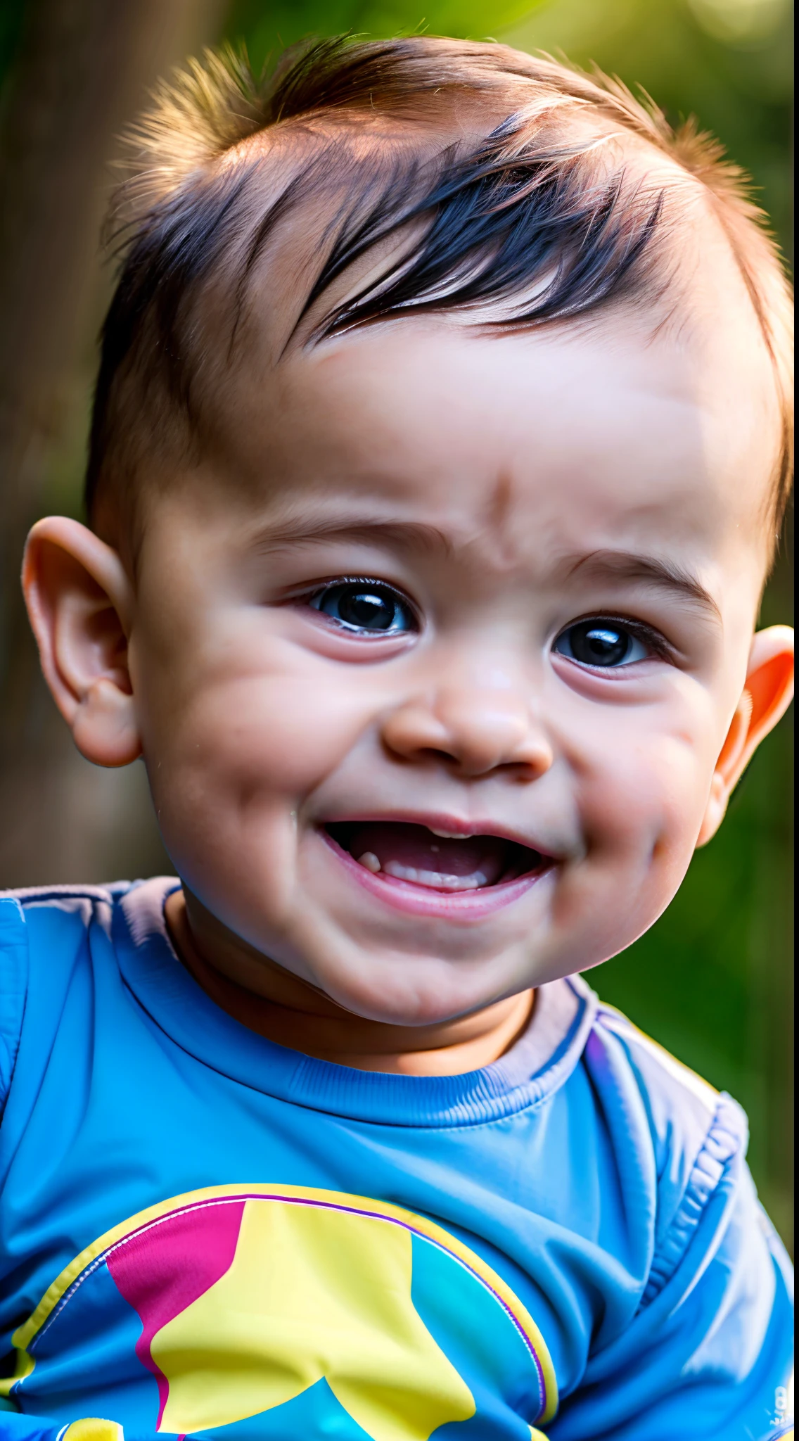 Ultra high quality, ultra high definition, ultra sharpness, 8K, a very cute  boy, 1 yearone, wearing a children's clothes, portrait, ultra detailed eyes, ultra detailed irises, completely identical irises, cheerful smile