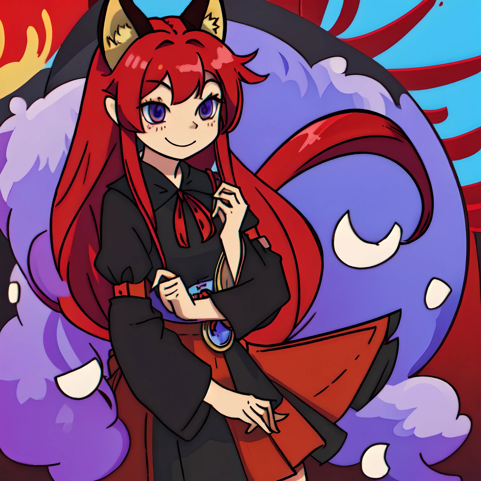 solo woman, kitsune woman (red skin), (blue eyes), fox ears (red ears), long hair, inner hair, (red hair), fox tail, (red tail), fluffy tail, plush tail, shy face, light smile, dress skirt (purple and black dress)