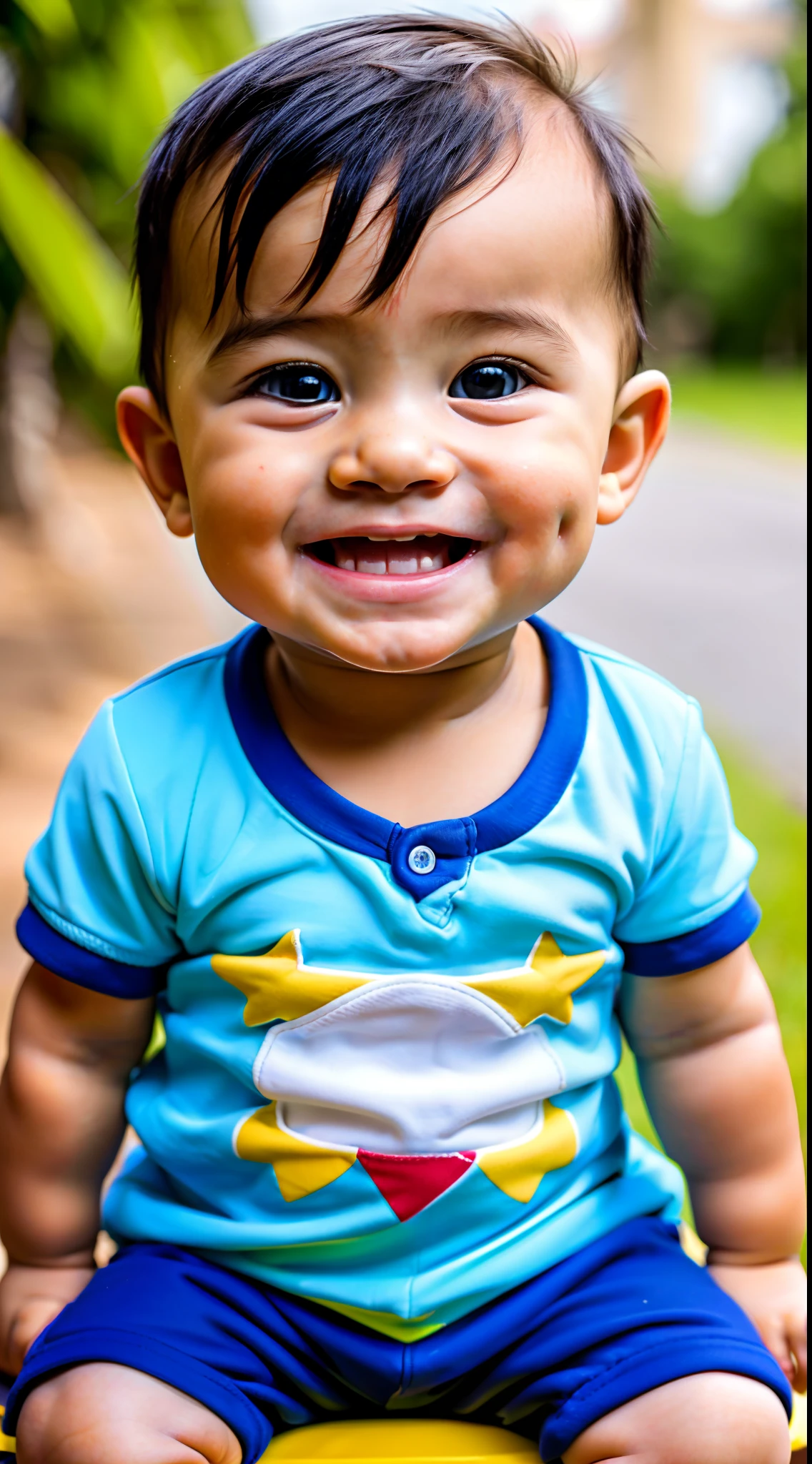 Ultra high quality, ultra high definition, ultra sharpness, 8K, a very cute baby boy, 1 year old, alone, wearing a children's clothes, portrait, ultra detailed eyes, ultra detailed irises, completely identical irises, cheerful smile