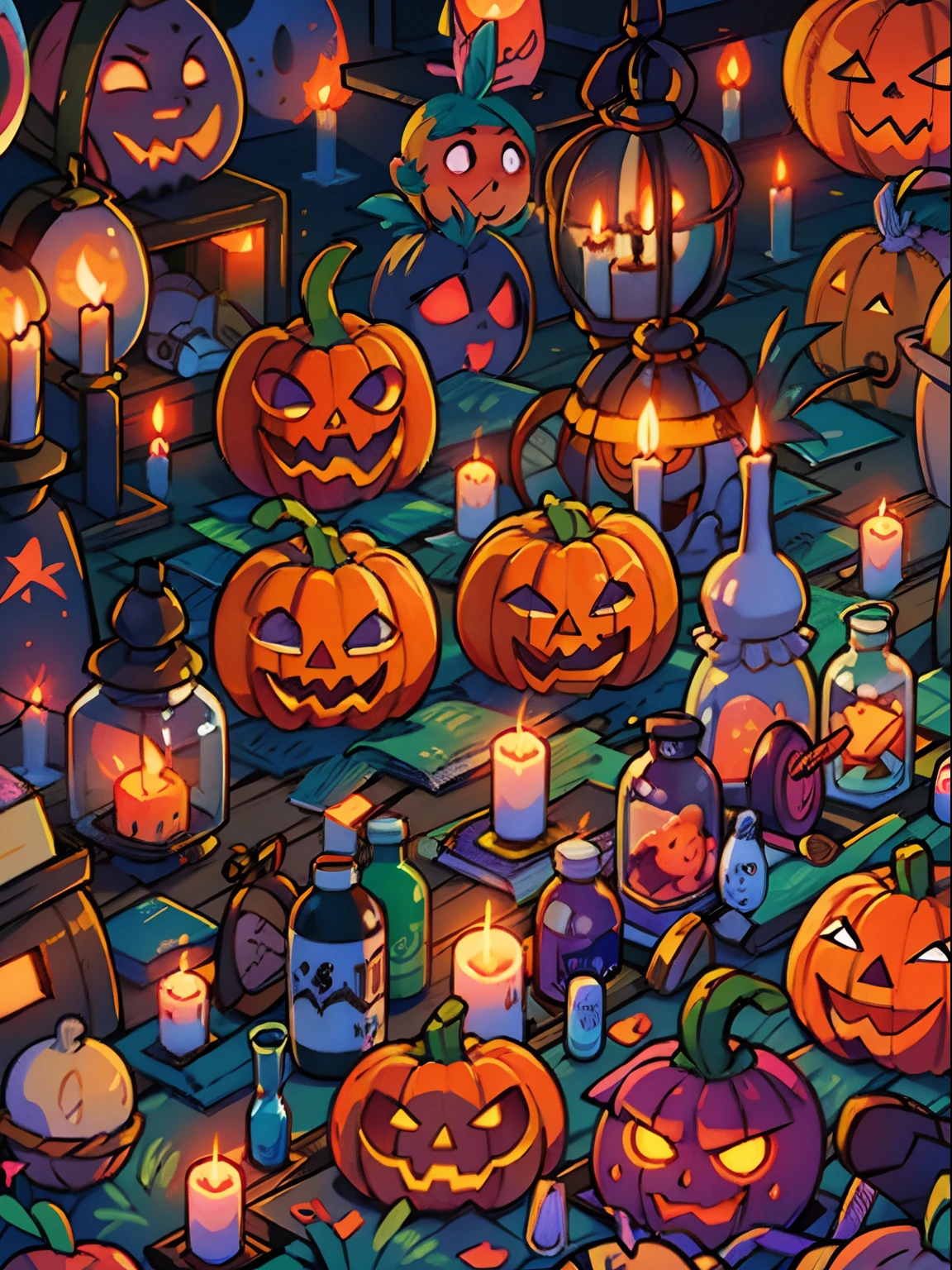 jack-o'-lantern glowing, halloween texture, pattern, pumpkins, skulls, candles, (orange, purple, black)