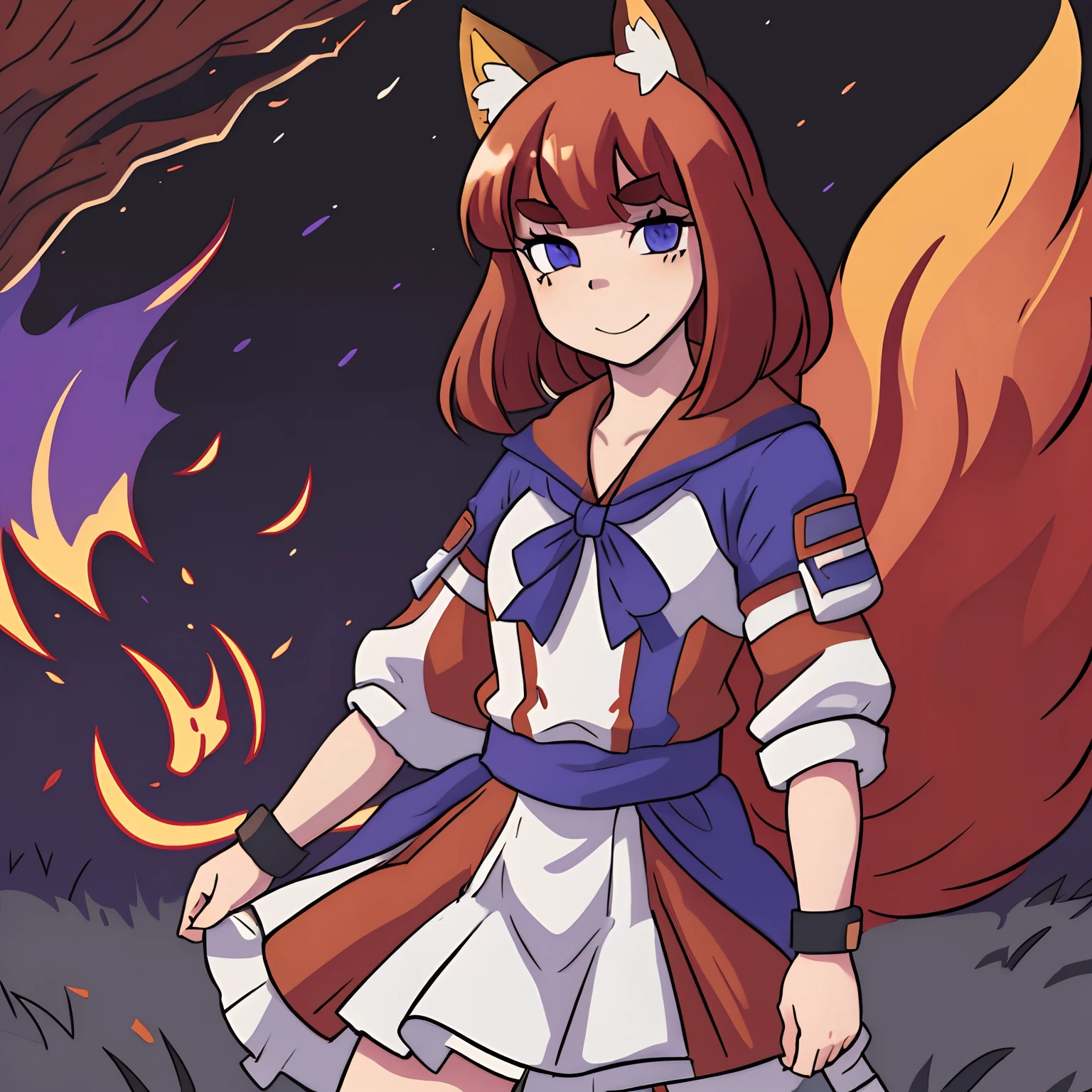 Low angle, and dutch, solo woman, kitsune woman (red skin), (blue eyes), fox ears (red ears), long hair, inner hair, (red hair), fox tail (red tail), fluffy tail, plush tail, shy face, light smile, dress skirt (purple and black cloth), night, moonlight, forest, river, anime style, 8K, HDR, CGI animation, outlined with markers, markers outlines, hight contrast, highly detailed face, highly detailed eyes, professional lineart, professional draw, professional paint,