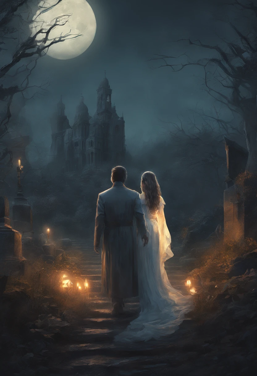 um pintor e uma noiva fantasma andando pelo cemiterio a noite