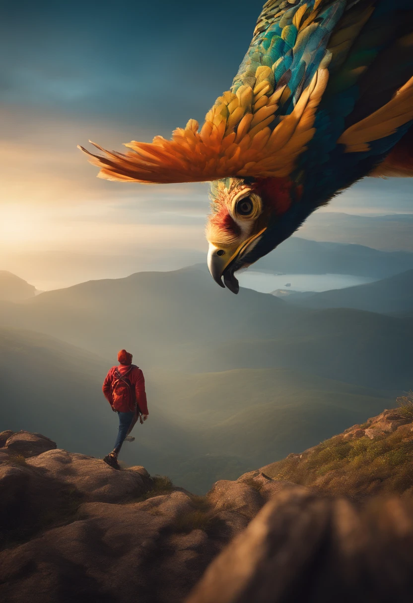 Desenhe um personagem jovem e aventureiro, Dressed in colorful and eccentric shape. He's about to take an impulsive leap off a cliff, olhando para frente com olhos cheios de entusiasmo e curiosidade. Ao redor dele, crie uma paisagem selvagem e vibrante, com montanhas, rios e florestas. Add animals like birds, borboletas e um cachorro fiel seguindo seus passos. Essa imagem representa a liberdade, The search for new experiences and trust in the universe.