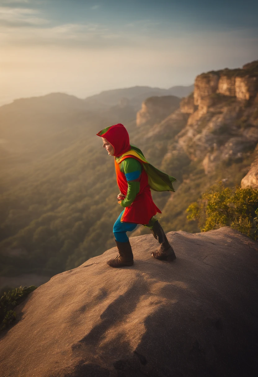 Desenhe um personagem jovem e aventureiro, Dressed in colorful and eccentric shape. He's about to take an impulsive leap off a cliff, olhando para frente com olhos cheios de entusiasmo e curiosidade. Ao redor dele, crie uma paisagem selvagem e vibrante, com montanhas, rios e florestas. Add animals like birds, borboletas e um cachorro fiel seguindo seus passos. Essa imagem representa a liberdade, The search for new experiences and trust in the universe.