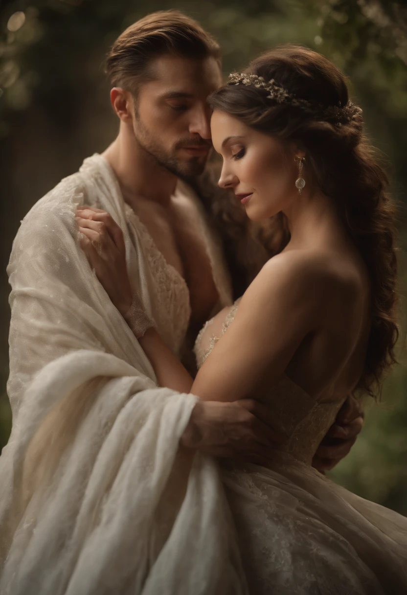NSFW, (best quality,4k,8k,highres,masterpiece:1.2),ultra-detailed,(realistic,photorealistic,photo-realistic:1.37),a man with a beautiful woman, oil painting, seductive, intimate, passionate, soft lighting, classic style, vibrant colors, texture, captivating eyes of the man and woman, graceful and sensual pose, harmonious composition, alluring atmosphere, enchanted garden, elegant drapery, tender and delicate skin, smooth brushstrokes