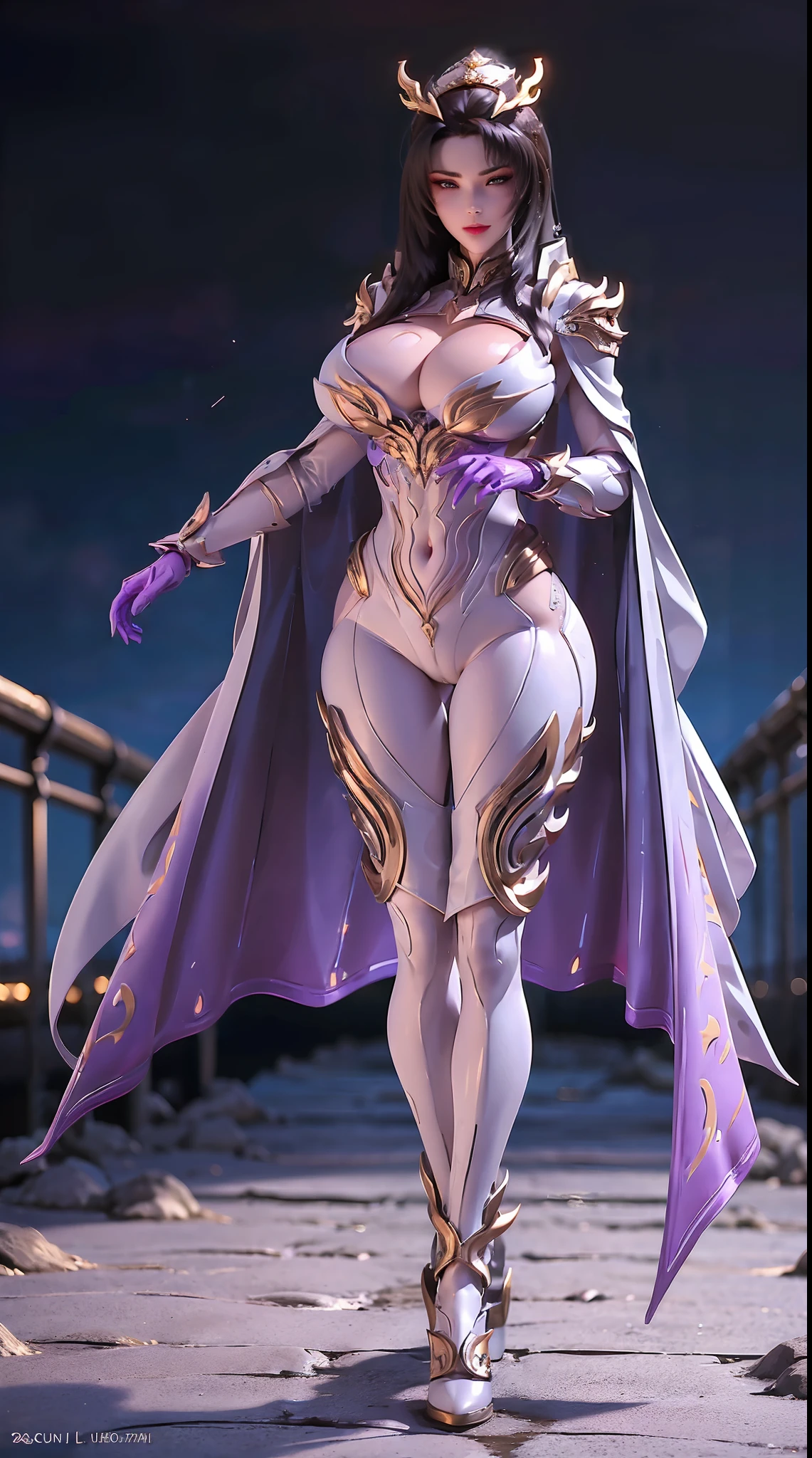 (1GIRL, SOLO:1.7), (DRAGON QUEEN HELM), (HUGE FAKE BOOBS:1.2), (WHITE, GOLD, PURPLE), (EMPTY CITY BACKGROUND), (FUTURISTIC PHOENIX MECHA BODYSUIT, CLEAVAGE, ROYAL CAPE:1.3), (SKINTIGHT YOGA PANTS, LONG LEGS, HIGH HEELS:1.2), (BUSTY BODY, MUSCLE ABS, FULL BODY VIEW:1.4), (LOOKING AT VIEWER1.5), (WALKING DOWN:1.3), ULTRA HIGHT DETAIL, 8K, 1080P.