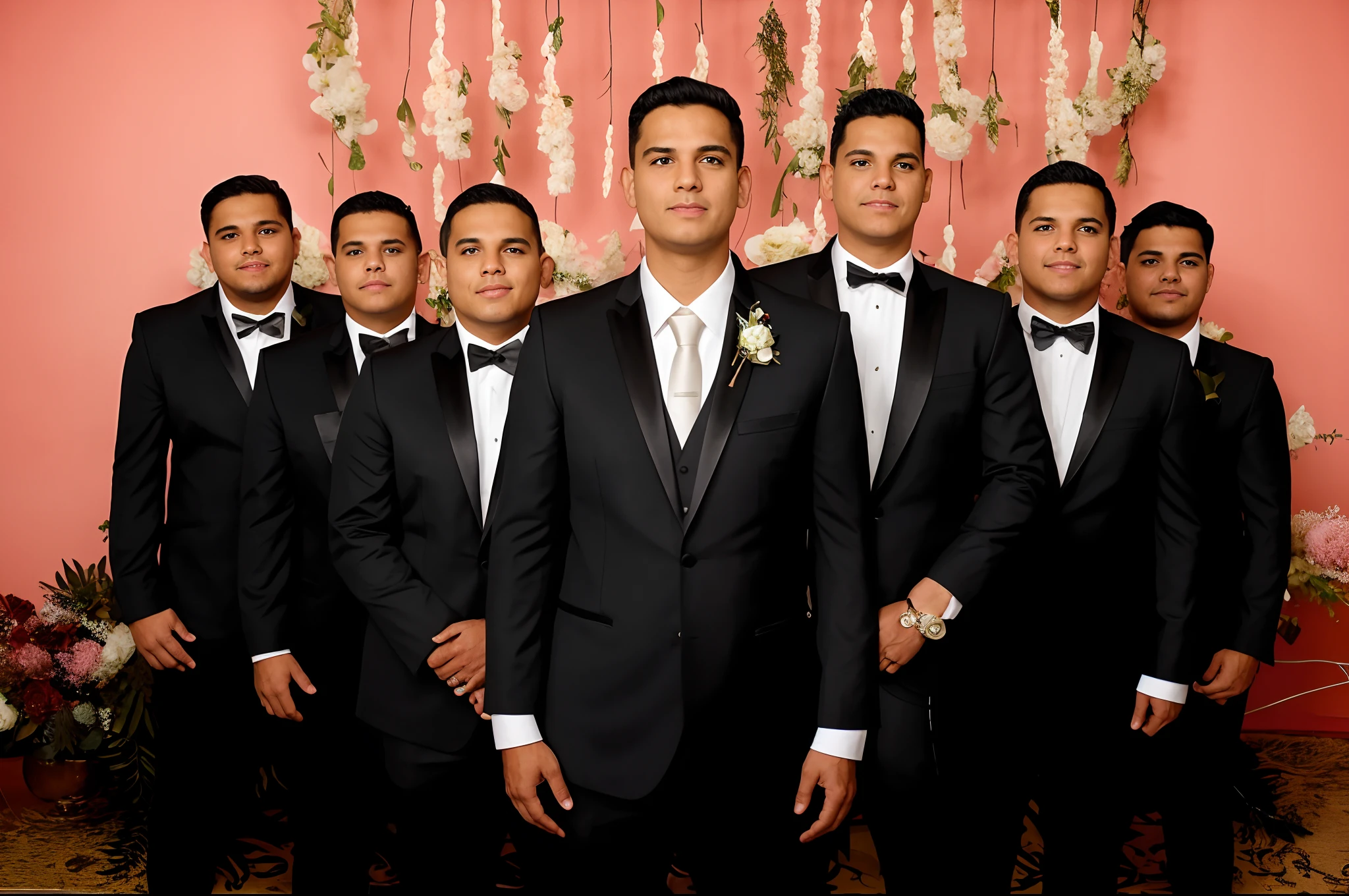 Bride and groom posing for photo in front of a floral backdrop, noivo, homens em smokings, Directed by: Nandor Soldier, foto do casamento, Vestido Formal, david rios ferreira, imagem de perfil, fundo transparente, Alex Flores, Asher Duran, usando um smoking, Paulo Pepera Pablo Roldan, pano de fundo, Alex Miranda