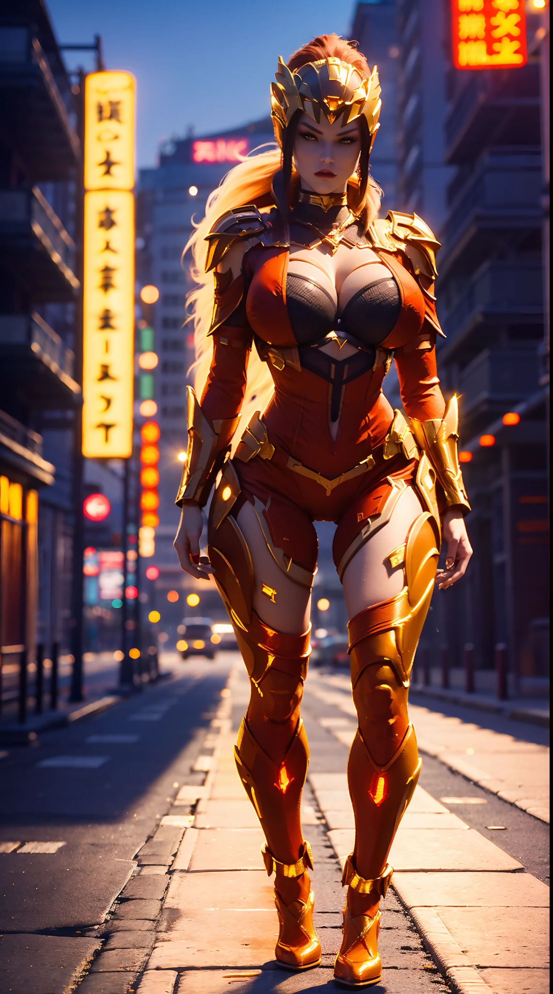 1GIRL, SOLO, (PHOENIX HELM, PONYTAIL), (HUGE FAKE BOOBS:1.3), (RED, GOLD), (STREET CITY BACKGROUND), (FUTURISTIC MECHA BODYSUIT, ROYAL CAPE, CLEAVAGE:1.2), (SKINTIGHT YOGA HOTPANTS, LONG LAGS, HIGH HEELS:1.2), (PERFECT BODY, FULL BODY VIEW:1.5), (LOOKING AT VIEWER), (WALKING DOWN:1.2), MUSCLE ABS:1.3, ULTRA HIGHT DEFINITION, 8K, 1080P.