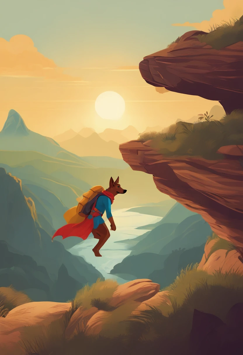 Desenhe um personagem jovem e aventureiro, Dressed in colorful and eccentric shape. He's about to take an impulsive leap off a cliff, olhando para frente com olhos cheios de entusiasmo e curiosidade. Ao redor dele, crie uma paisagem selvagem e vibrante, com montanhas, rios e florestas. Adicione um cachorro fiel seguindo seus passos. Essa imagem representa a liberdade, The search for new experiences and trust in the universe.