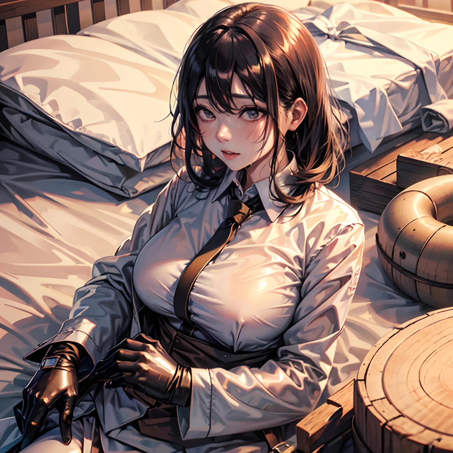 Hyuuga hinata, (olied oily sweaty shiny wet skin), Huge Breast, white silk buttoned up shirt with long sleeves, full body shot, laying on bed, shot from above