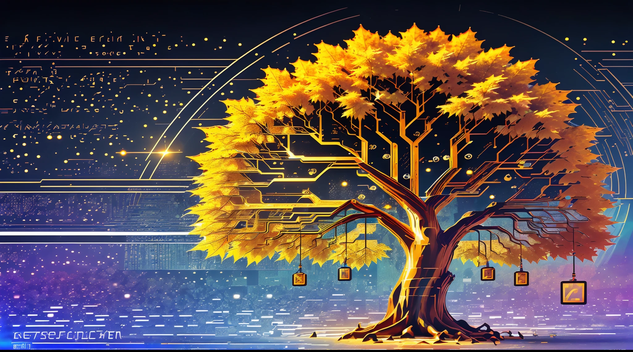 Dynamic HiFi pixel art (entitled "Maple Leaf"), Data Tree, (/data structure)/, organic data-space, minimal, beautifully detailed, understated aesthetic, slightly psychedelic, sacred (supersymmetry), visionary (optical illusion), visually appealing matte glitch art , deep roots, fuzzy-logic, (aesthetic beauty), intentional cohesion, (stylized and well-balanced geometric design: 1.2), cerebral coherence, lavish, vibrant, vivid, (regenerative), beautifully colored, CircuitBoardAI, flowervirus, concept: (("A vivacious maple tree that showcases a perfect blend of nature and technology, in a flourish of falling maple leaves. The tree should have an organic, natural appearance with vivid autumn colors and a lush canopy. Within the leaves and branches, intricate circuitry and designs should be incorporated, resembling advanced technology with data flow and information. The maple tree should evoke a sense of wisdom, knowledge, and ancient secrets, as if it holds the memories and understanding of the world throughout the ages. Focus on the symbol of the Maple Leaf."))