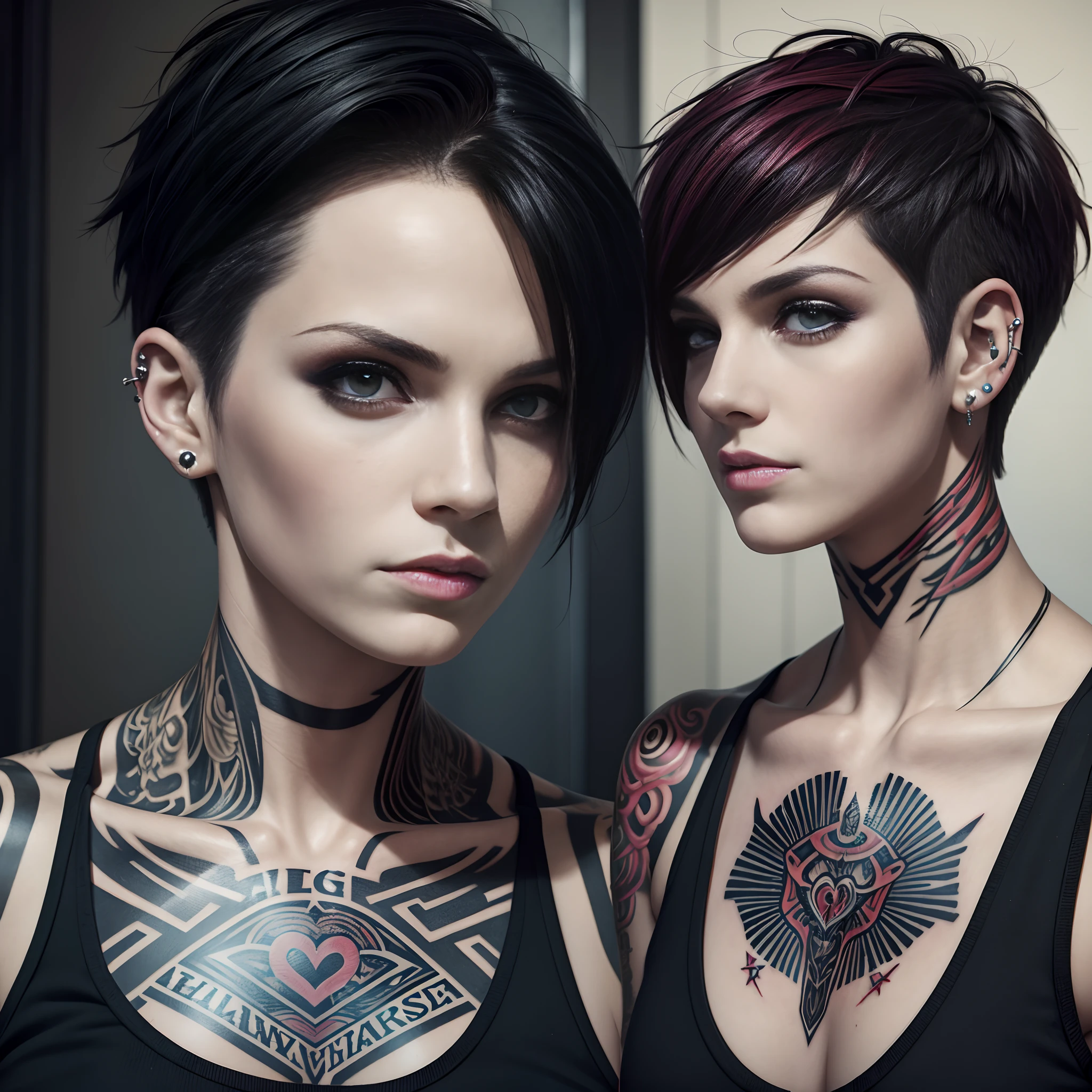 1 girl, (Tomboy punk woman), short hair, pale skin, edgy, kind face, realistic anatomy, masterpiece, ultra hd, best quality, piercings, tattoos, happy, attractive, sexy