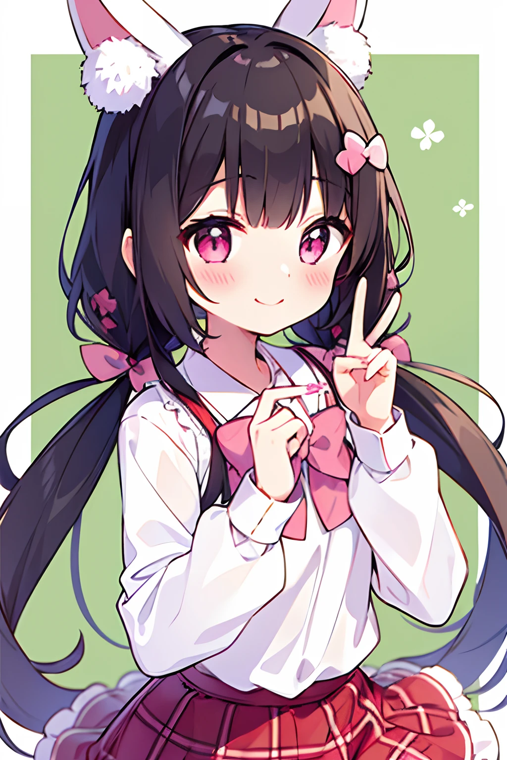 1girl, hair adornments, klee, the bow, Twin-tailed, a smile, plushies, green bow, 独奏, Clover hair ornament, length hair, four leaf clovers, plushies, green nails, A dark-haired, hair clips, The shirt, skirt by the, low twintails, V-sign bangs in the hands, shirt with collar, white shirt, Plush Bunny, Plaid, long-sleeve, food, a bow tie, Look at viewers, pink bows, Four-leaf clover hair ornament, Hair bow, manicure, Sweaters、red blush、Pink eyes
