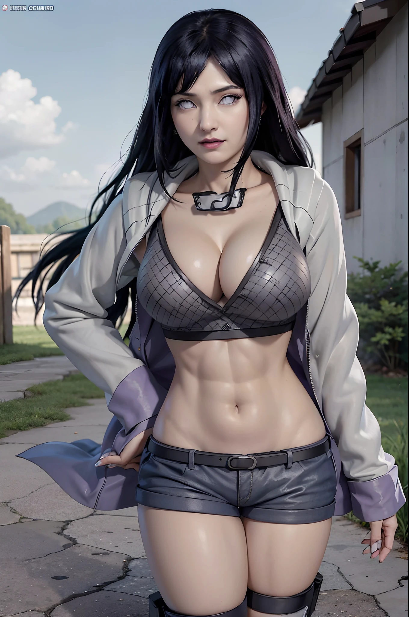 Unbeatable masterpiece, CG 8k ultrarrealista, arte perfeita, super detailed rendering, obra-prima, alta qualidade, alta resolução, detail maniac, highes definition, alta qualidade, rosto detalhado, membros detalhados do corpo, 1girl, solo, Hinata Hinata \(Naruto Shippuden\), roupa da personagem Hinata Hyuga \(Naruto Shippuden\) sem mangas, (Byakugan em uma cor branca impressionante:1.5), camisa sem mangas, Dark lips, unzipped jacket, sem calcinha, seios extremos, corpo feminino extremo, corpo inteiro, pose sexy
