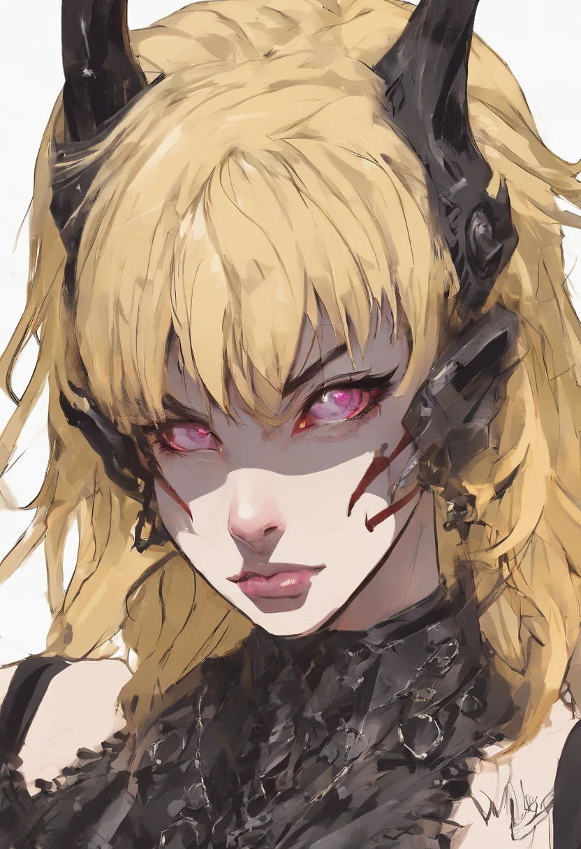 Female teen demon with blonde hair, olhos azuis, Asas Negras, cauda e chifres, roupa punk-rock, Fundo do fogo, mean facial expression, Realistic