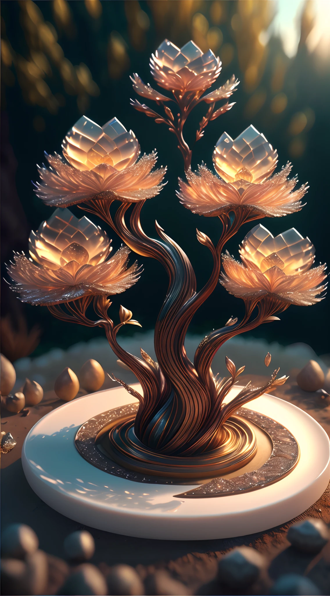 (best quality,4k,8k,A high resolution,master part:1.2),ultra-detalhado,(Realistic,fotorrealista,photo-realistic:1.37),escultura:1.37,Setentrional,Sul,Multiverso,Paisagem diversificada,beleza natural,Ceramic crafts,glass surface,Galhos retorcidos,chamas cintilantes,galeria de arte