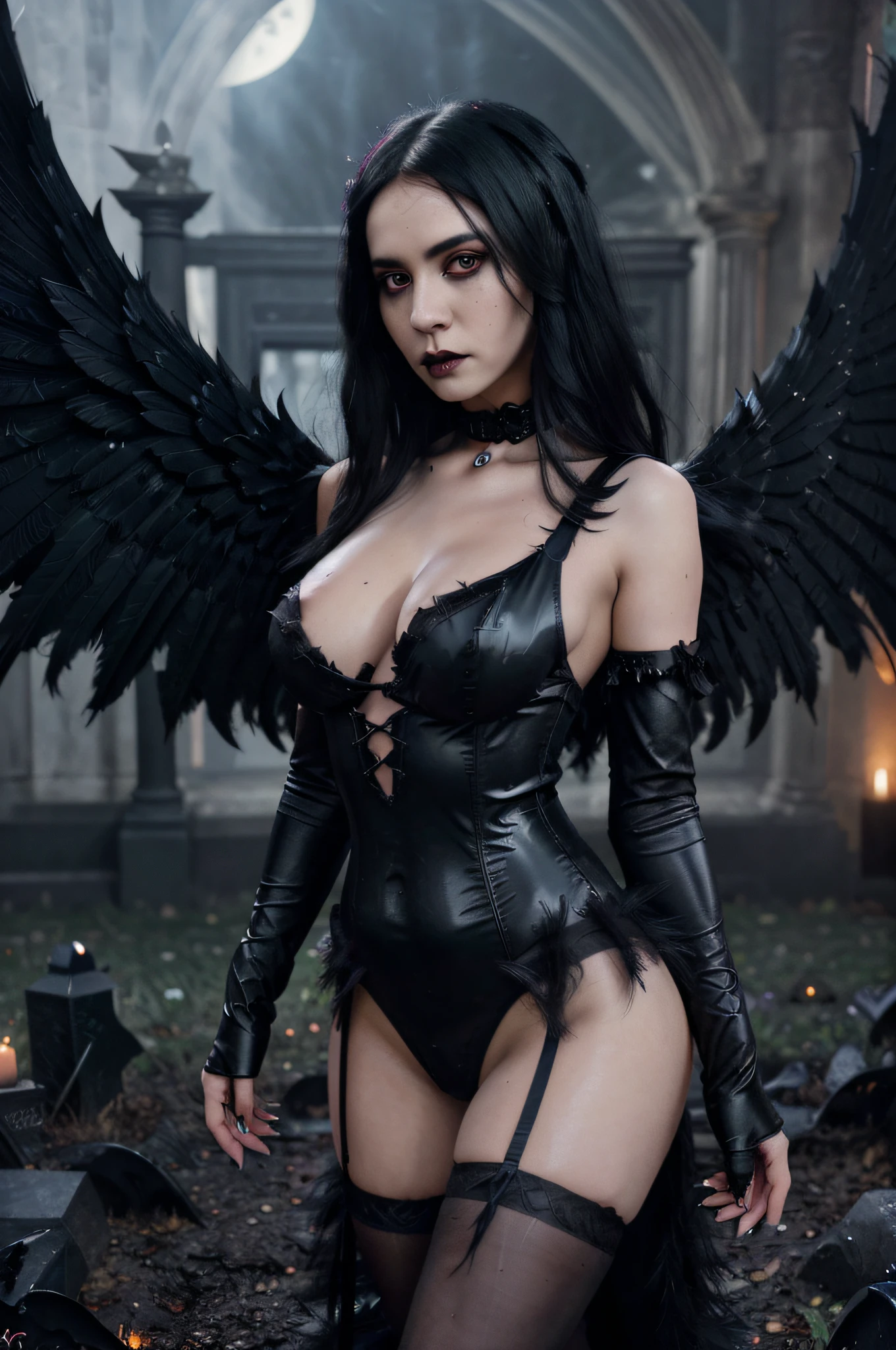 (gothic angel),sexy woman,red eyes,black hair,perfect face,black sensual sexy dress,big black feather wings,night cemetery scene,halloween themed art,illustration,ultra-detailed,(best quality,4k,8k,highres,masterpiece:1.2),ultra-fine painting,sharp focus,physically-based rendering,professional,vivid colors,dim lighting