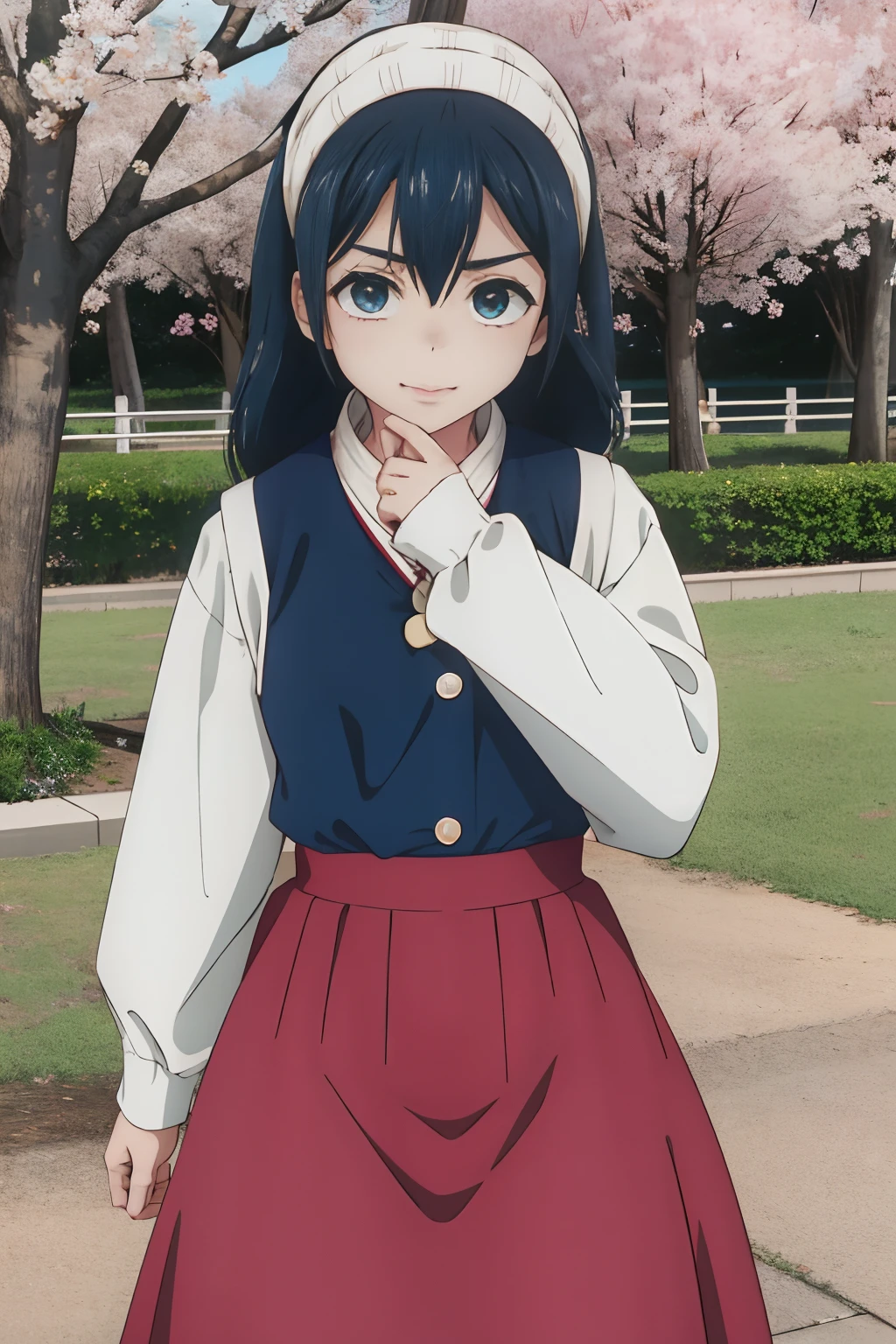 masterpiece, top-quality, hight resolution, ighly detailed, 细致背景, 电影灯光, 1girl in, cute little, Teleru、medium chest、be shy, 校服、embarrassed from, skirt rift, blush in the face、Grabbing up a skirt and showing off her pants、A slight smil、Public obscenity, Blatant obscenity、looking at the viewers, buliding, outside of house, cherry trees, bokeh dof,